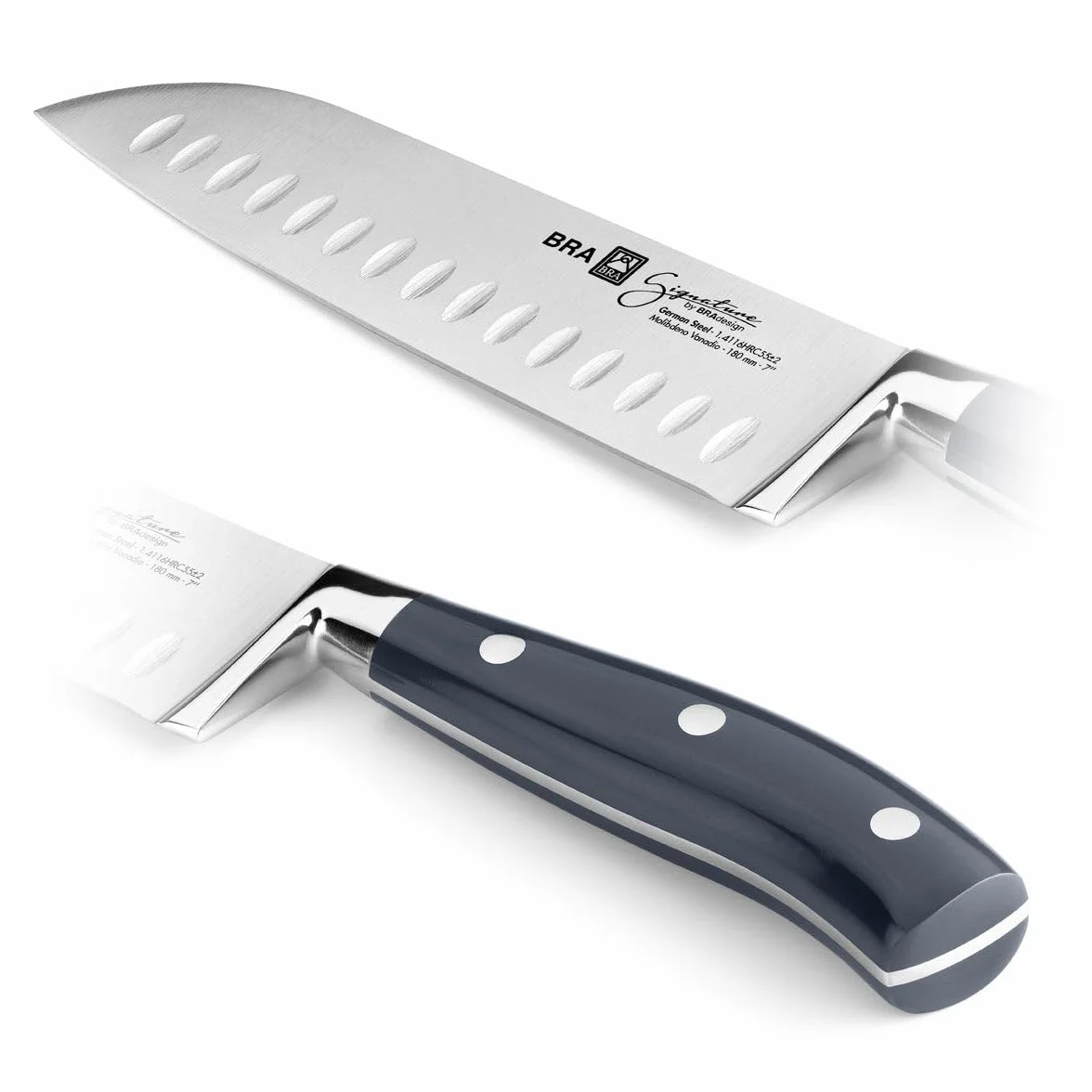 BRA Signature | Cuchillo santoku 130 mm, Acero Inoxidable alemán forjado con Molibdeno Vanadio, Mango Remachado ABS, Diseño Ergonómico, Hoja 1,6 mm espesor