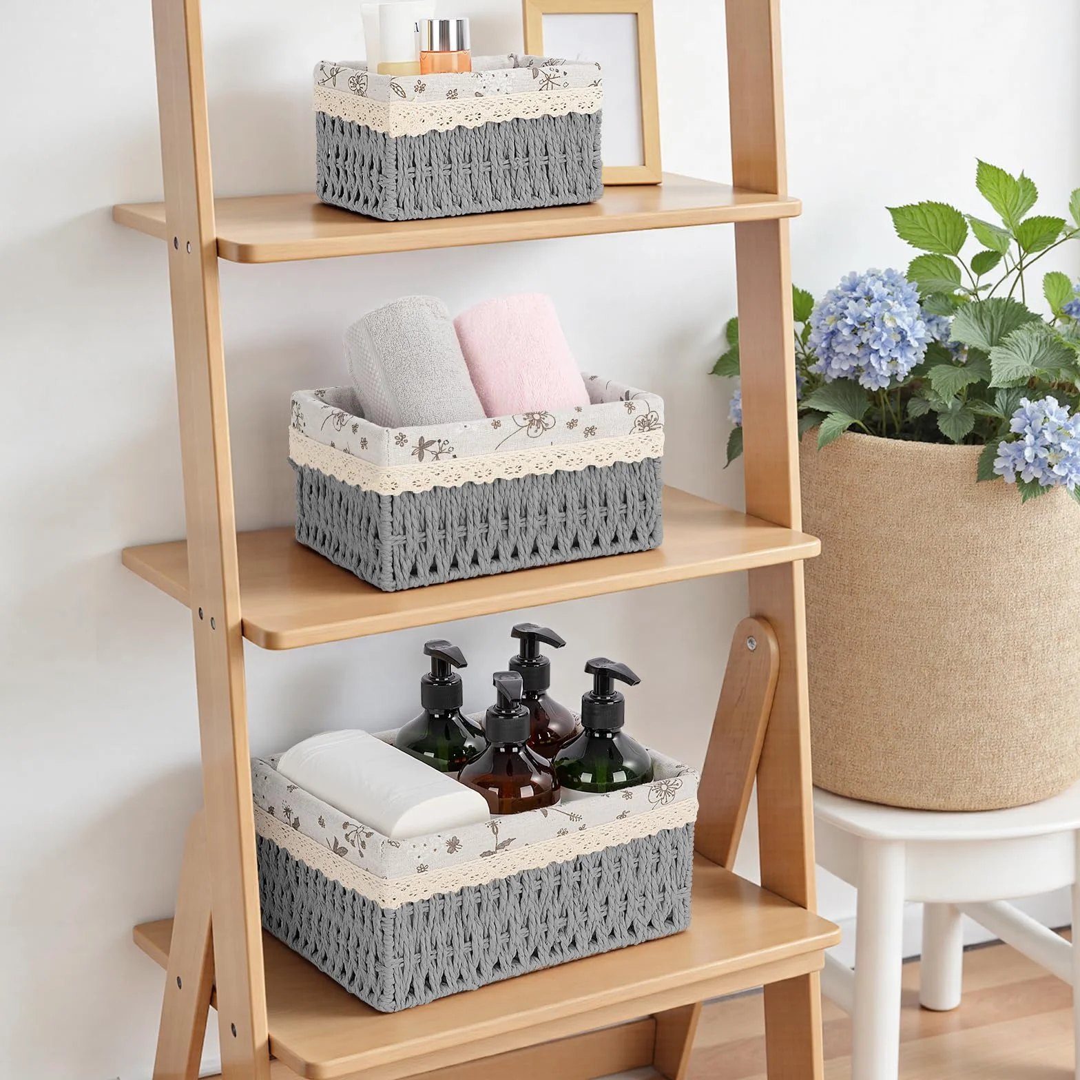Cestas Almacenaje Juego de 3 Mimbre Trenzado Tejido Reciclable para Baño Cocina Hogar (Gris)