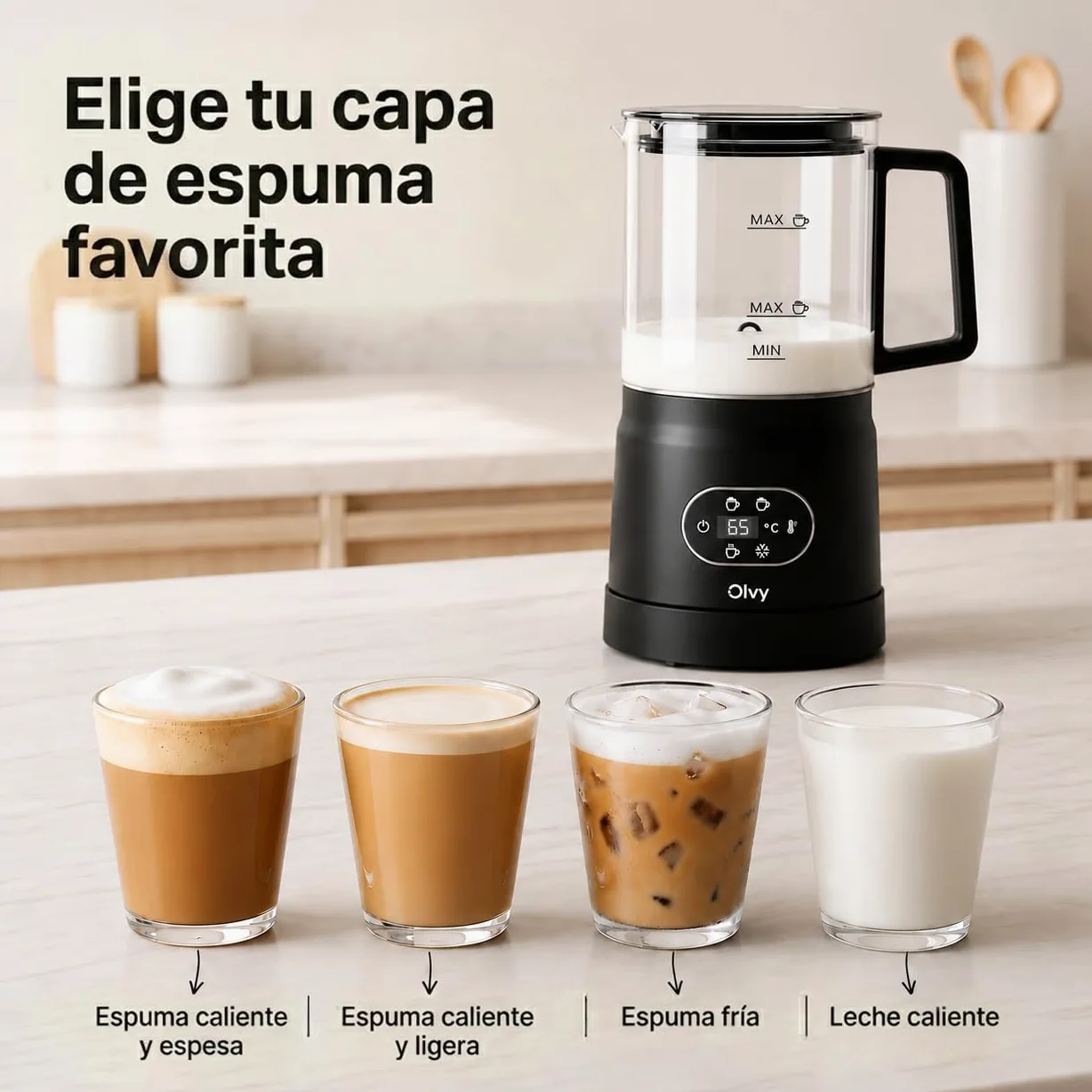 Olvy Espumador de Leche Eléctrico 500W 3en1 Caliente Frío Calentamiento Negro