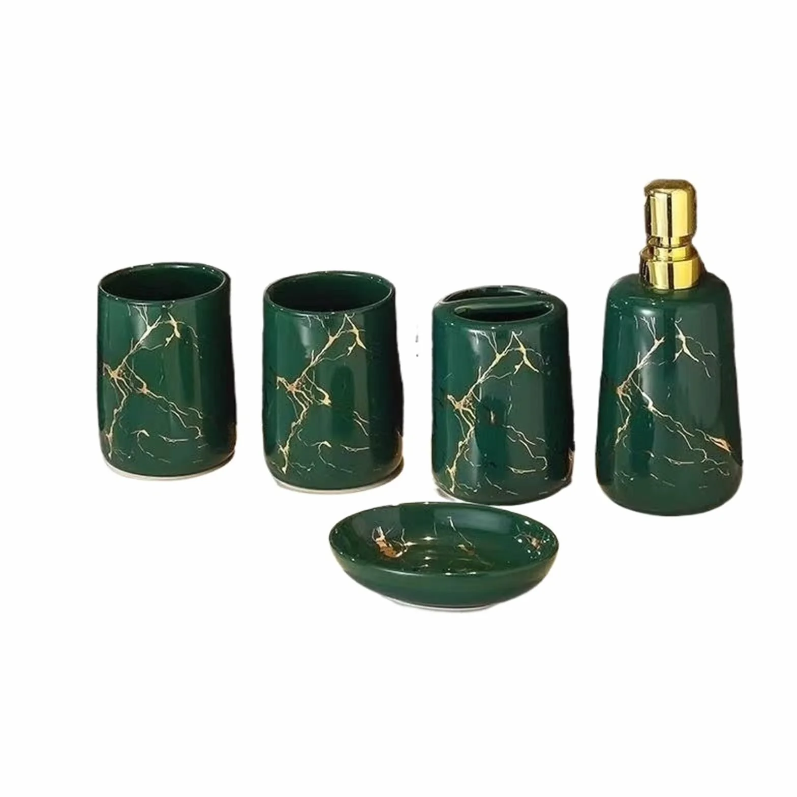 Juego de baño de cerámica moderna, accesorios Juego de cerámica marmolada de 5 piezas, dispensador de jabón, vaso, porta cepillos de dientes, jabonera, buen regalo for un nuevo hogar Color; verde