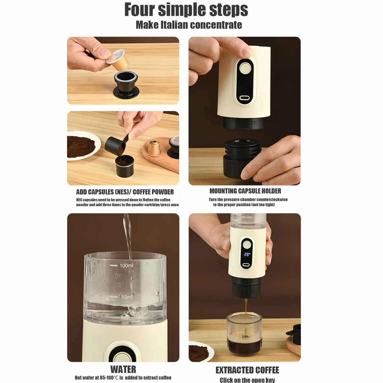 Kouamor Cafetera espresso portátil inalámbrica, cafetera de camping, autocalentamiento con USB-C, pequeña cafetera portátil compatible con café molido y cápsula NS (blanco)