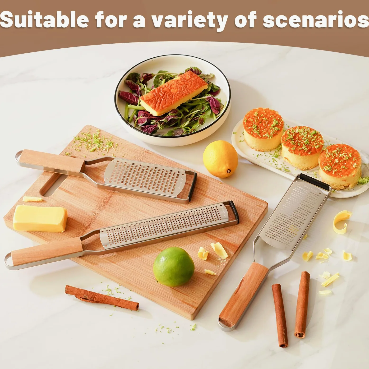 SHIKORI Ralladores de queso profesionales de acero inoxidable para cocina, rallador de limón de metal con mango de madera para queso, chocolate, especias, utensilios de cocina y herramientas, agujero