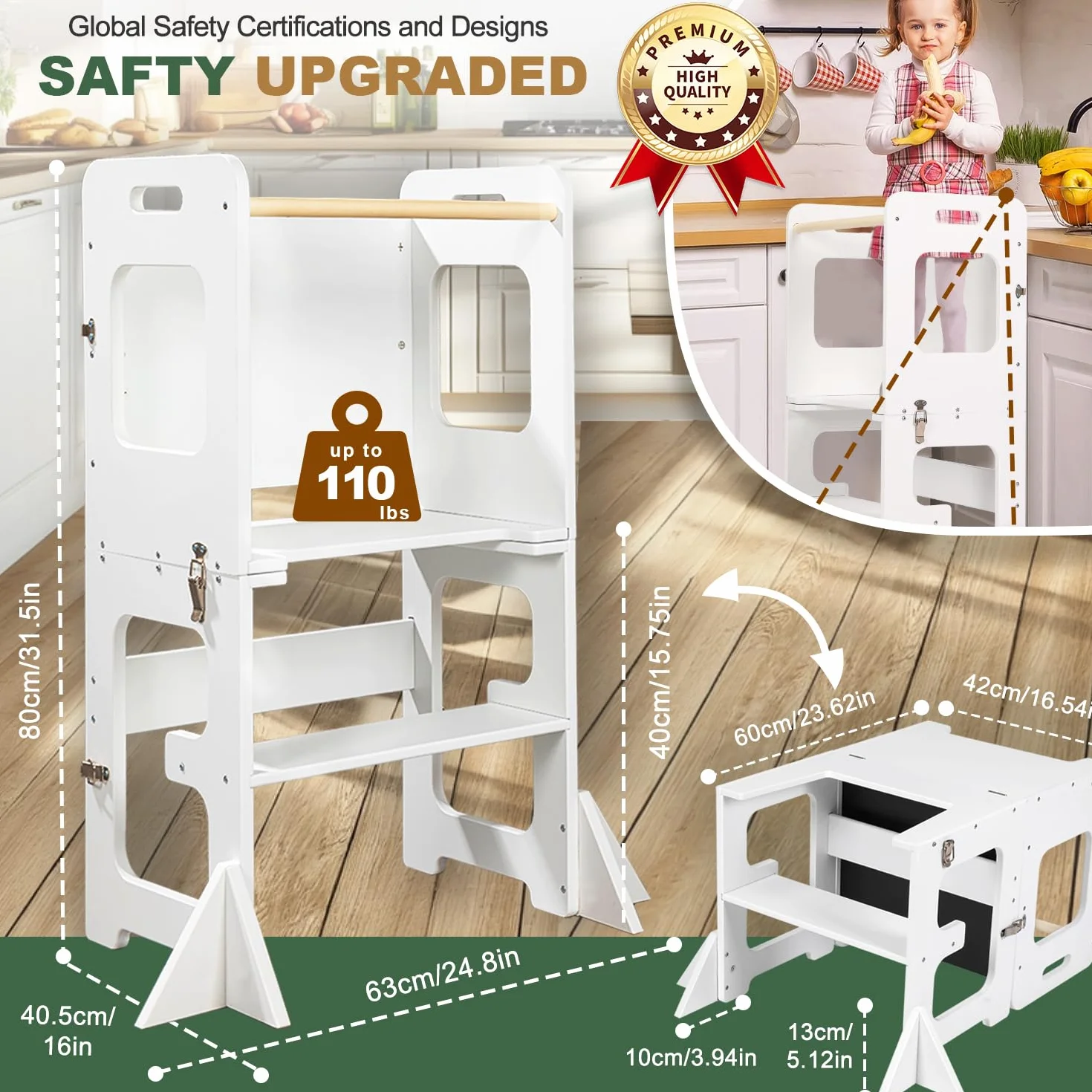 Labebe Torre de Aprendizaje Montessori 3 en 1 Plegable Madera con Pizarra Negra Escritorio Infantil Blanco