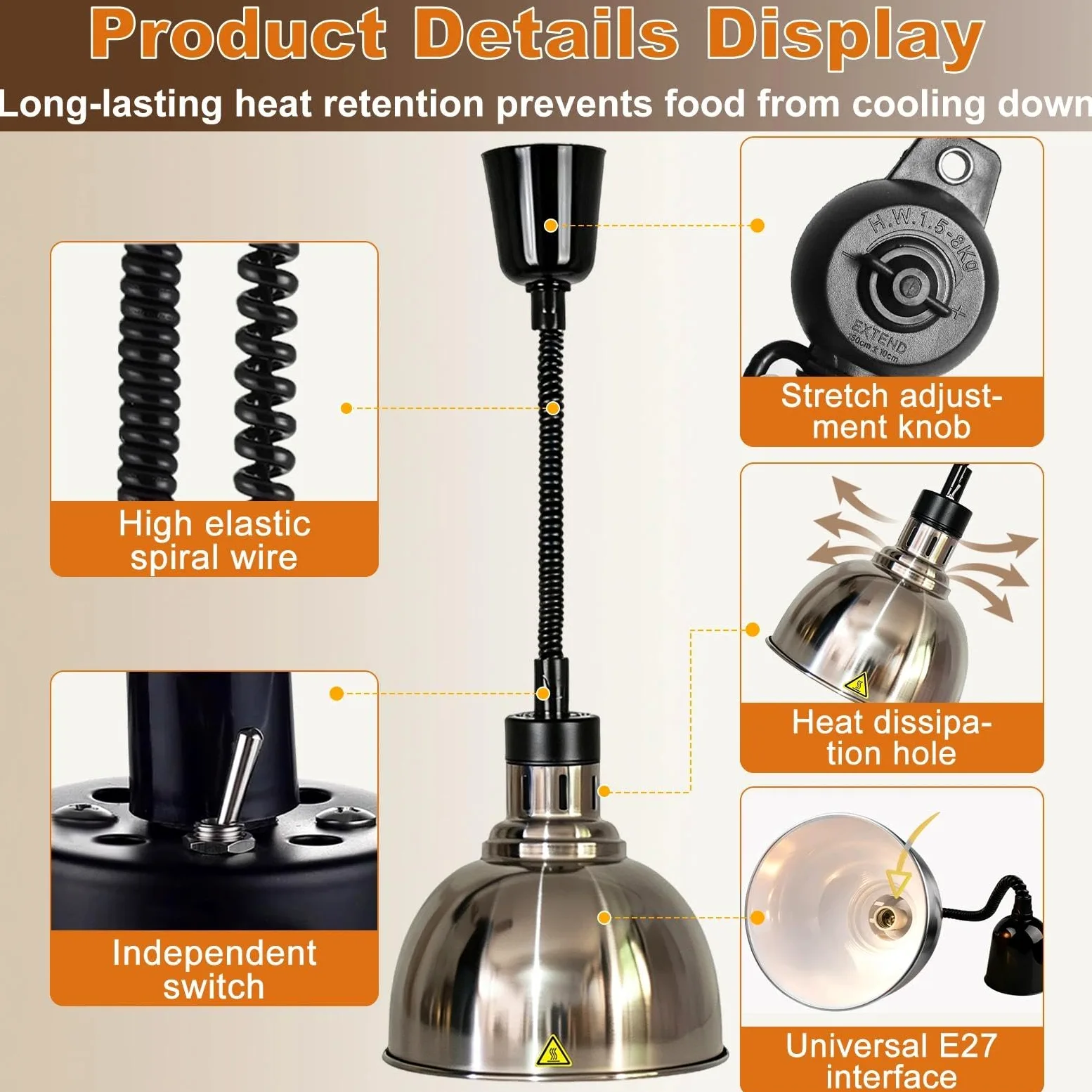 Lampara de Calor Cocina, Altura Regulable 60-180cm (B-25cm, 2 Piezas) | Lampara de Calor para Alimentos, Lampara Calentador Comida para Cocina Buffet Hostelería, 250W 220V