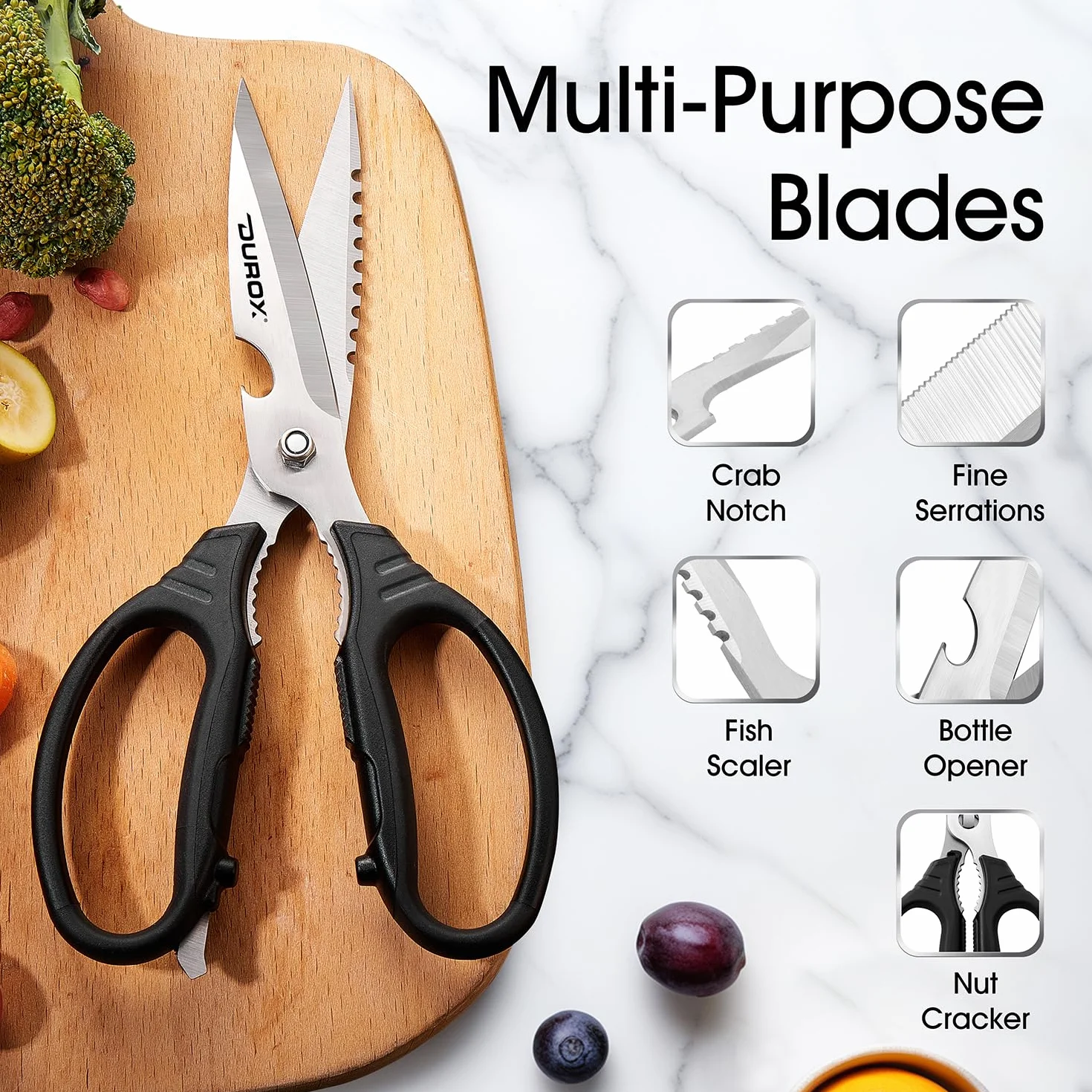 DUROX Tijeras de Cocina Profesionales - Acero INOX con Funciones Multipropósito y Afilador Incorporado. Tijera para Cortar Pizza, Carne y Marisco. Diseño Desmontable para una Limpieza Sencilla.