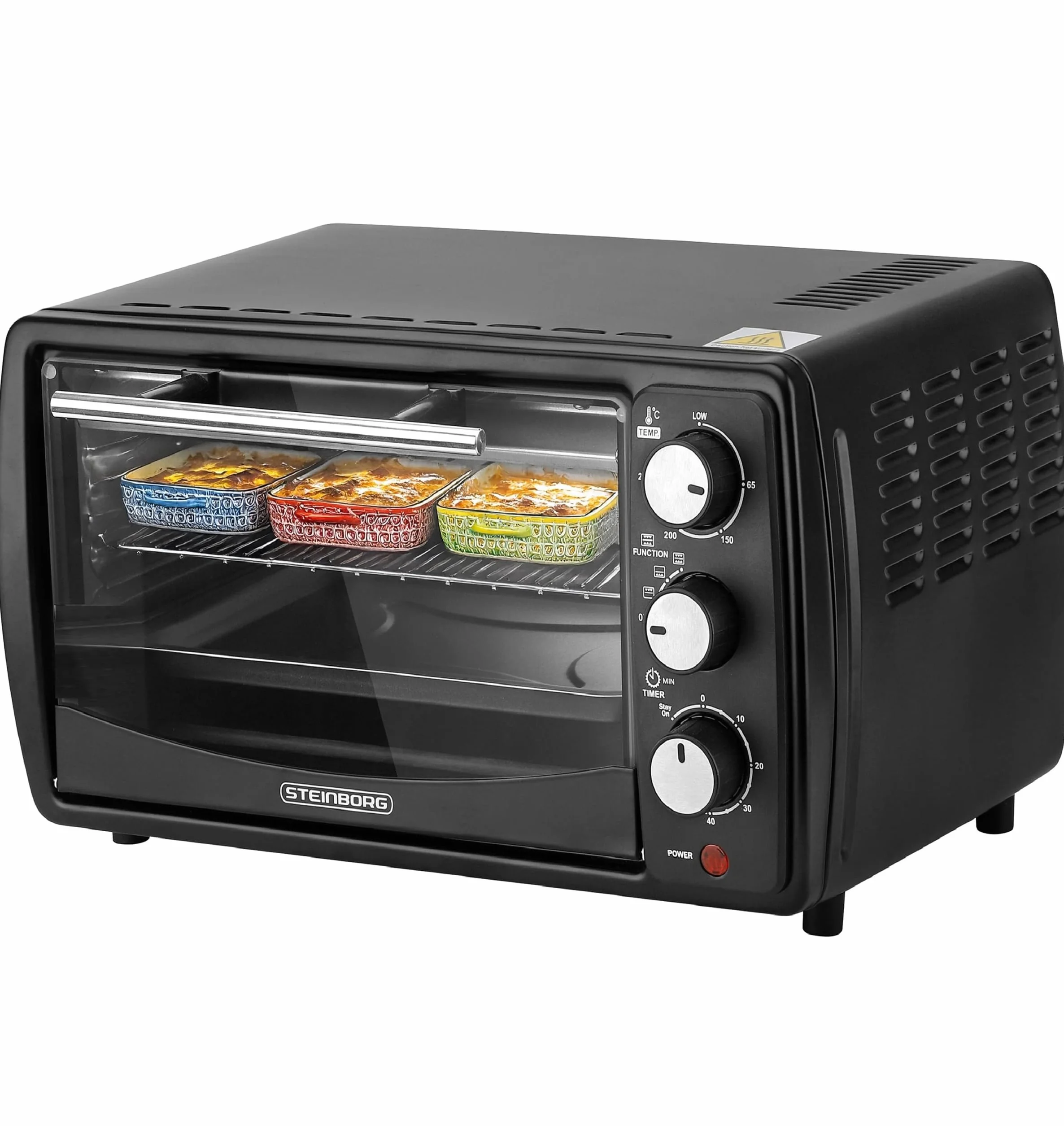 Steinborg® Mini horno de 13 litros, bandeja para migas, calor superior e inferior, 1200 W, minihorno con temporizador, pequeño horno para camping o hogar, independiente, regulación de temperatura