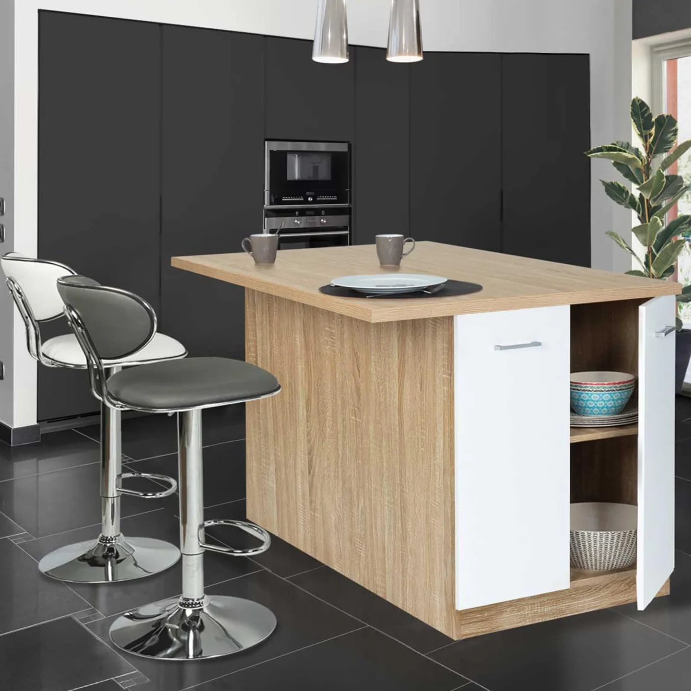 IDMarket - Ilot Central IVO 120 cm madera forma haya puertas blancas con encimera