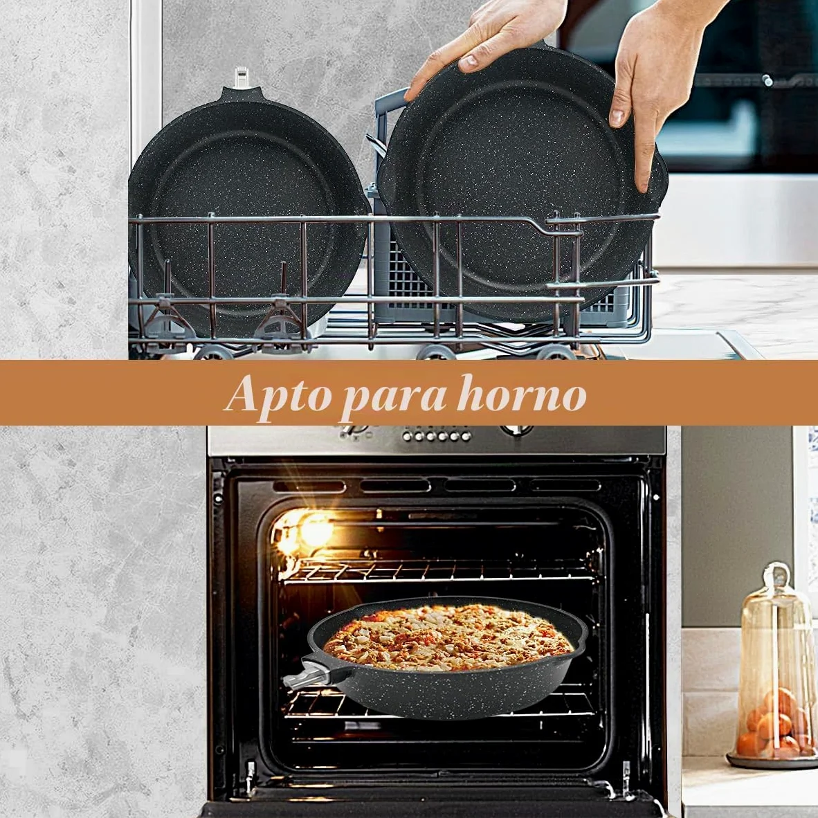 Sartén 28 cm de Antiadherente, aluminio fundido con antiadherente con asa extraíble, sartén adecuada Con tapa, Apta para Todo Tipo de Cocina. | Sartén de 7,5 cm de altura interior con mango extraíble, apta para todo tipo de fuegos