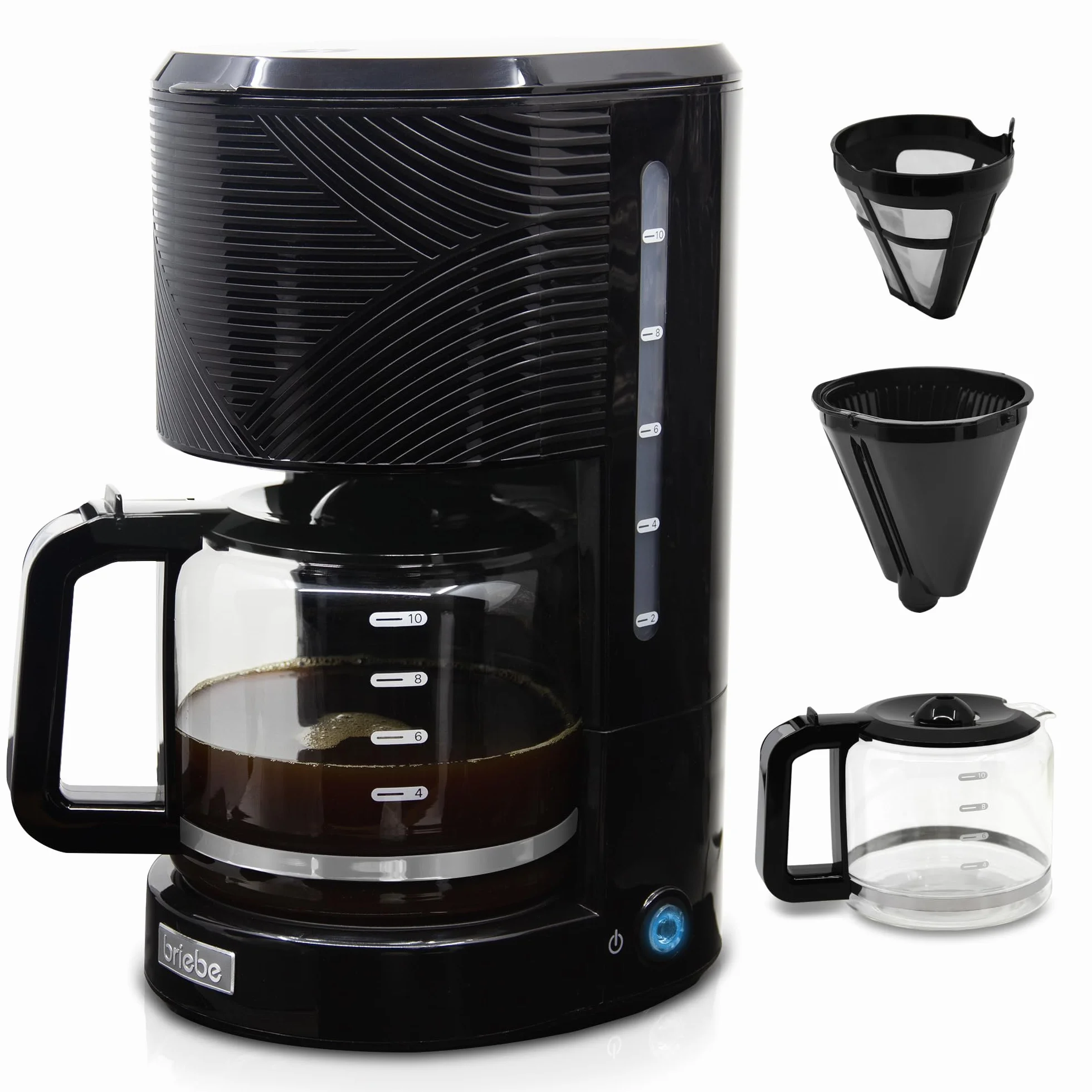 briebe Elegance Set Tostadora Pan Ranura Ancha 2 Rebanadas + Hervidor Agua Eléctrico 1,7L Inalámbrico 2200W Libre BPA + Cafetera Goteo Filtro 10 Tazas 1,25L, Pack Desayuno Diseño Moderno, Negro