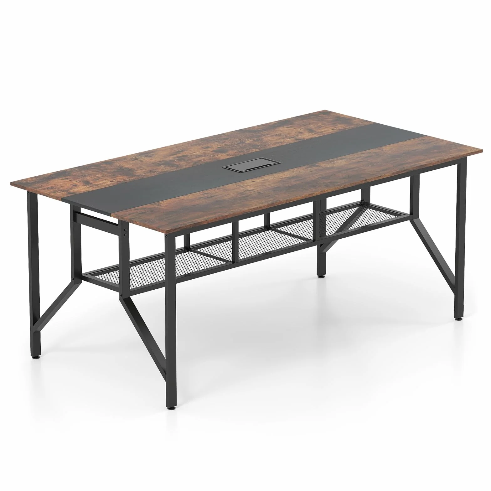COSTWAY Mesa Rectangular para Reuniones 6-8 Personas, Mesa de Conferencias con Estante de Malla y Pasacables, Escritorio Industrial con Estructura Metálica, Oficina Sala, 180 x 96 x 76 cm