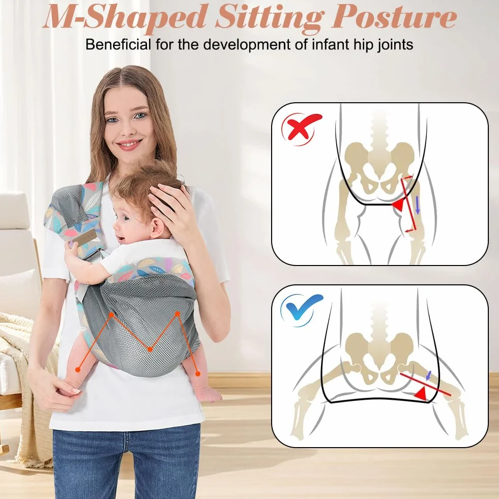 AUYAO Portabebes Lateral, Malla Transpirable Portabebes Ajustable, Portabebé Ligero de Cadera de 3 a 36 Meses, Porteo Bebe Ergonomica, Protector Hombro, Antideslizante