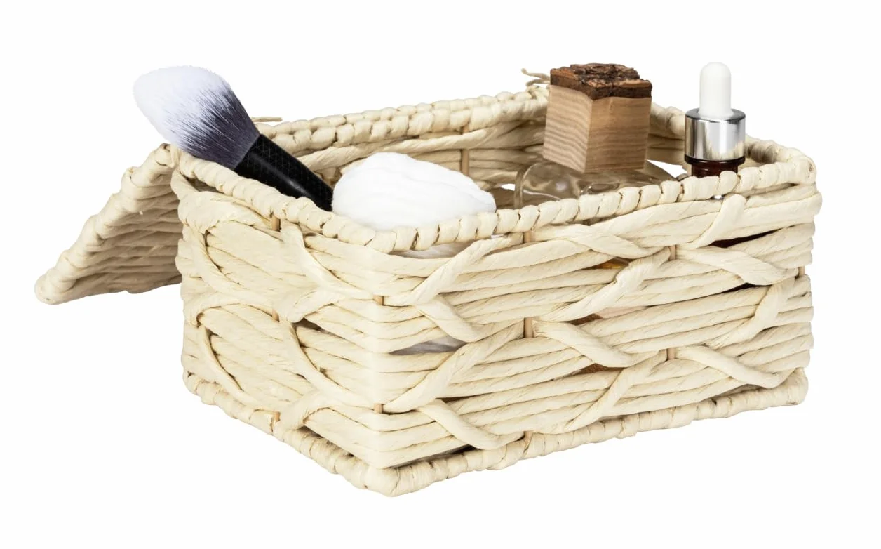 Wenko Badbox Vabriano-Cesta de Almacenamiento de Papel Trenzado con Tapa para baño y Oficina, 19 x 10 x 14 cm, Estilo Bohemio, Color Beige, Metal Lacado