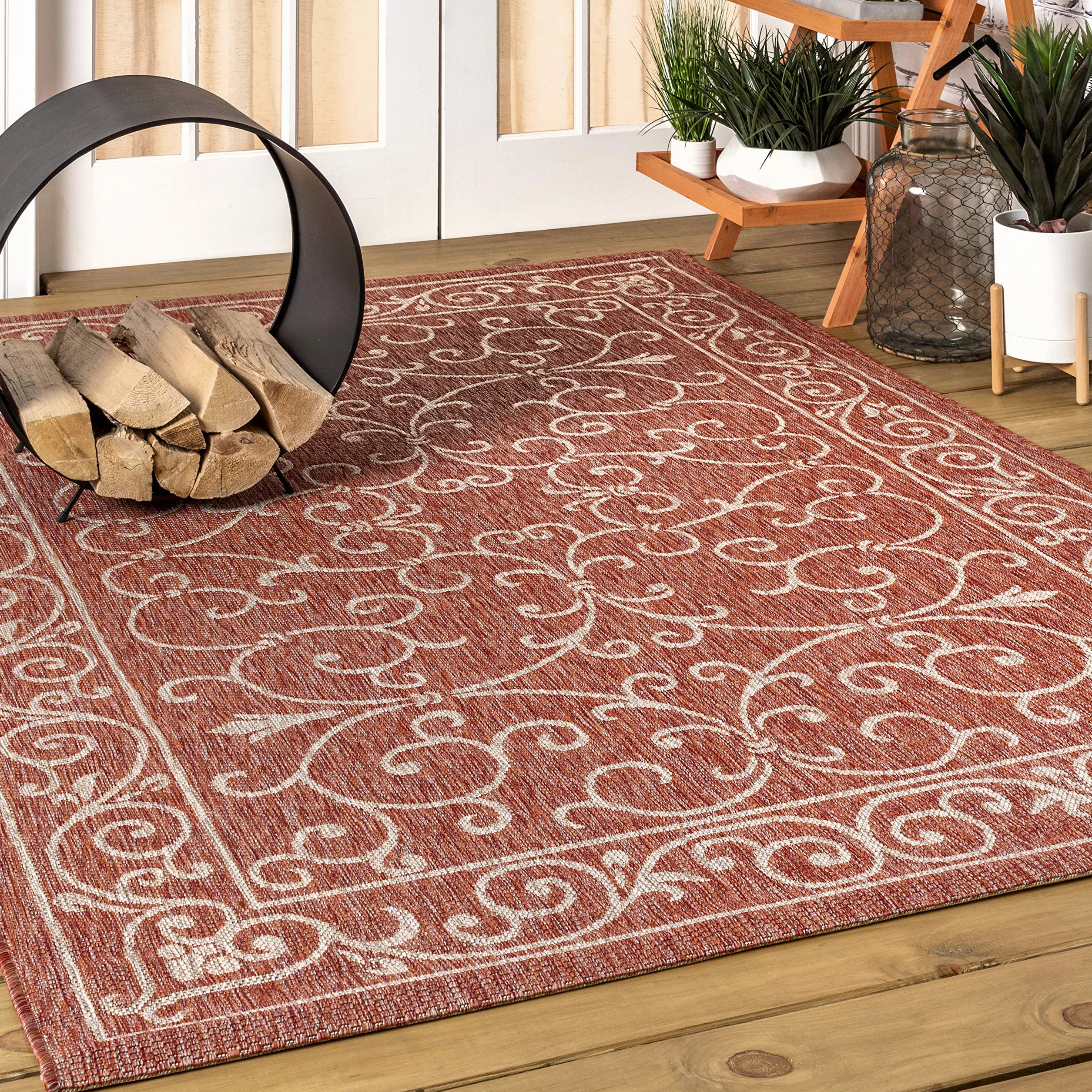 JONATHAN Y SMB106B-8 Charleston Alfombra Exterior Interior Textura Tejido Filigrana Vintage, Fácil de Limpiar, Habitación, Cocina, 240 cm x 300 cm, Rojo/Beige