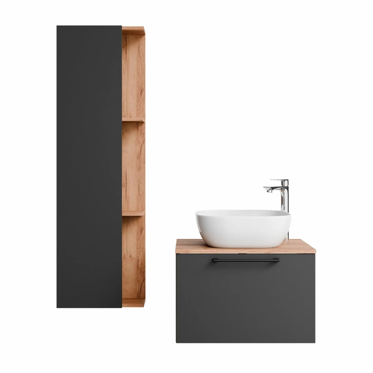 Planetmöbel Astra Conjunto Muebles de baño con Mueble bajo Lavabo 60 cm, 1 Armario Lateral Roble Dorado Antracita, lavamanos sobre encimera 42 cm Blanco