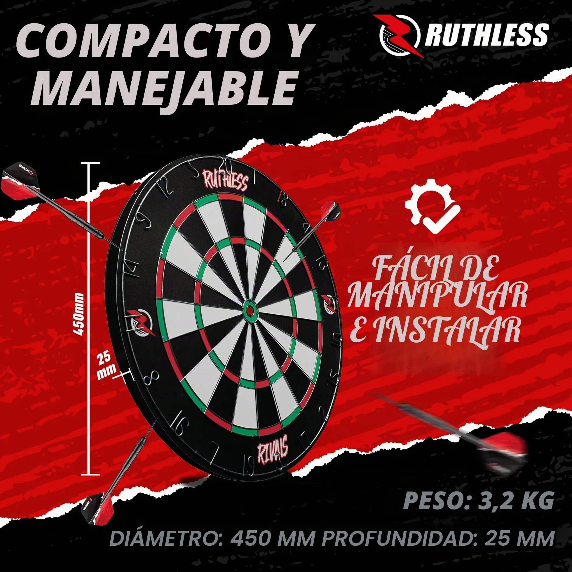 Ruthless Rivals DB074 Juego de mesa de dardos de doble cara 18 pulgadas diana familiar con 2 juegos de dardos
