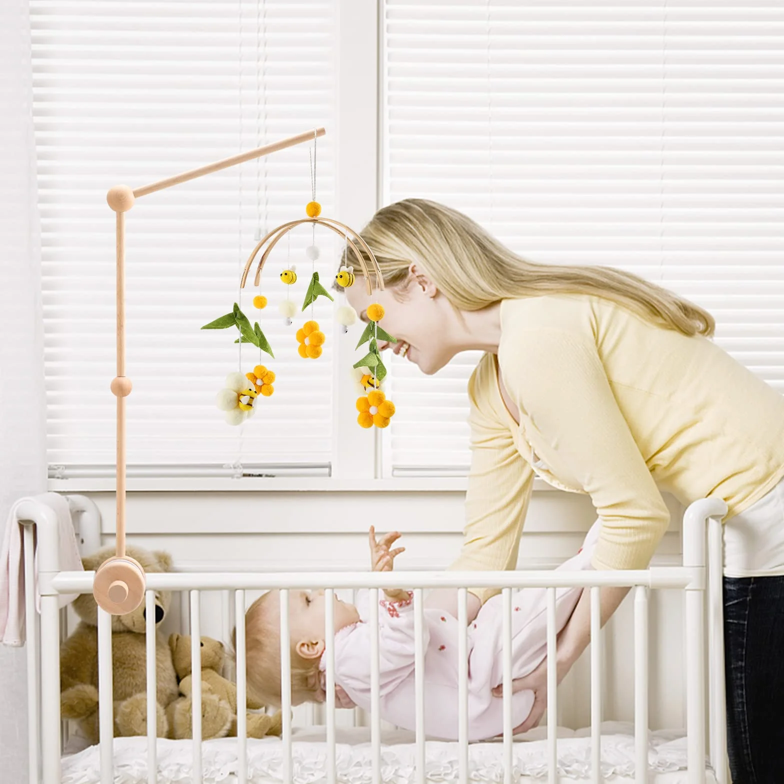 Youuys Soporte de Móvil de Madera para Cuna de Bebé, Brazo Regulable en Altura para Cama Campanas Carillones