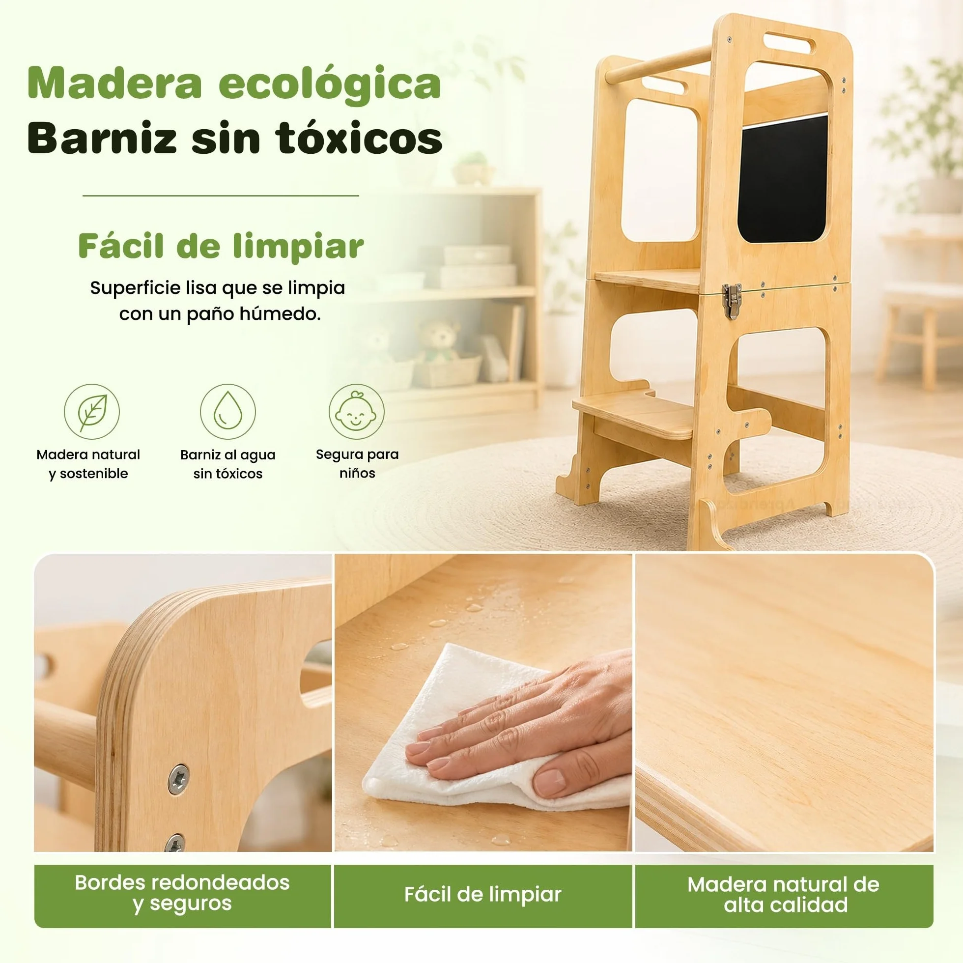 Torre de Aprendizaje Plegable 3 en 1 Madera Natural Mesa Montessori 2 Años