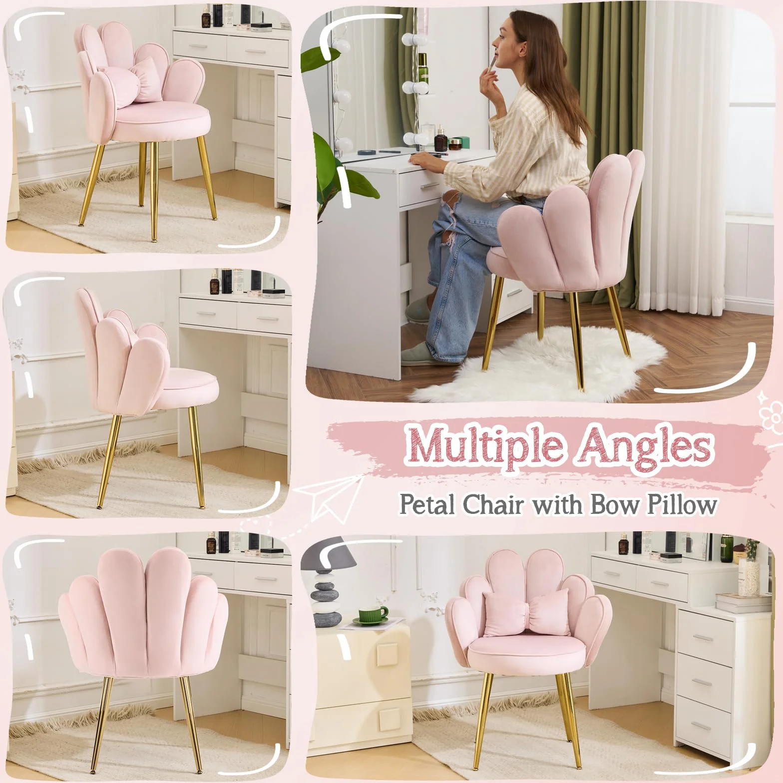 Bonnlo Silla de Maquillaje con Respaldo de Pétalos, Silla Tocador, Sillas de Comedor Elegantes, Patas Doradas Ajustables, Sillón Salón para Tocador, Dormitorio u Oficina en Casa (Terciopelo, Rosa)