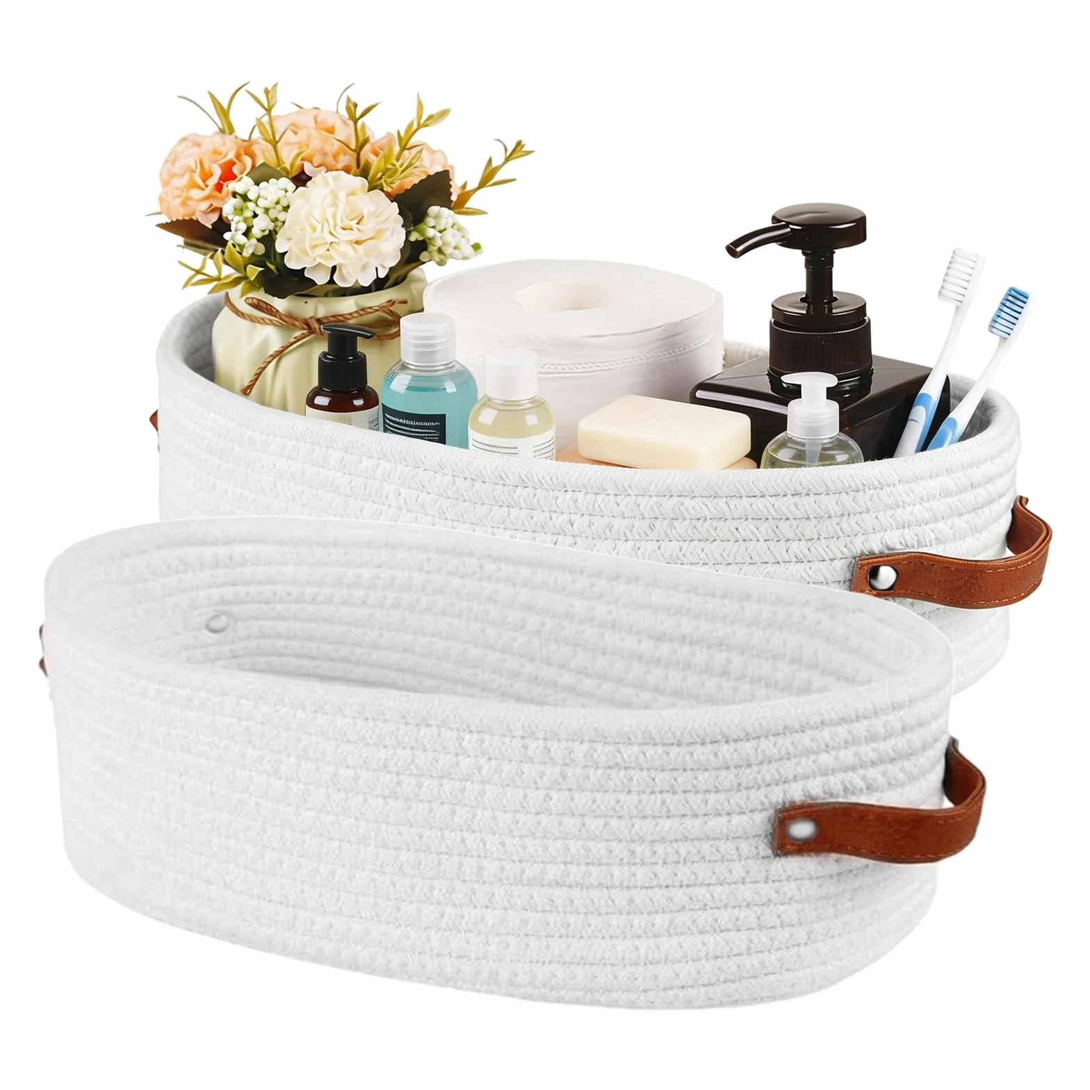 Cesta de Almacenaje Tejida de Cuerda de Algodón 33×15×10 cm con Asas de Cuero para Baño, Cocina, Estantería (Blanco)