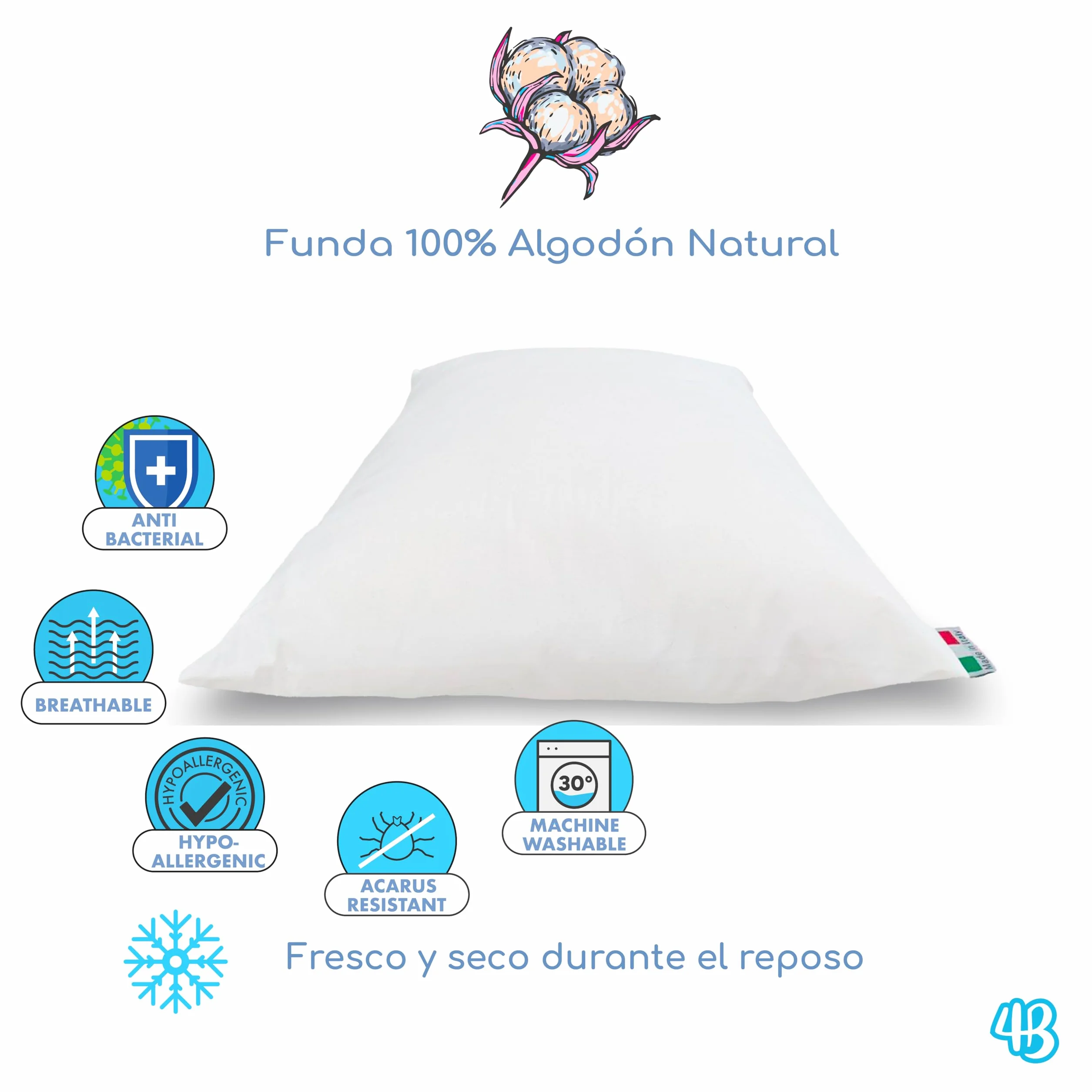 Almohada 40x60 Bebe Fibra Transpirable Hipoalergénico Forro 100% Algodón Italiano Antiácaros