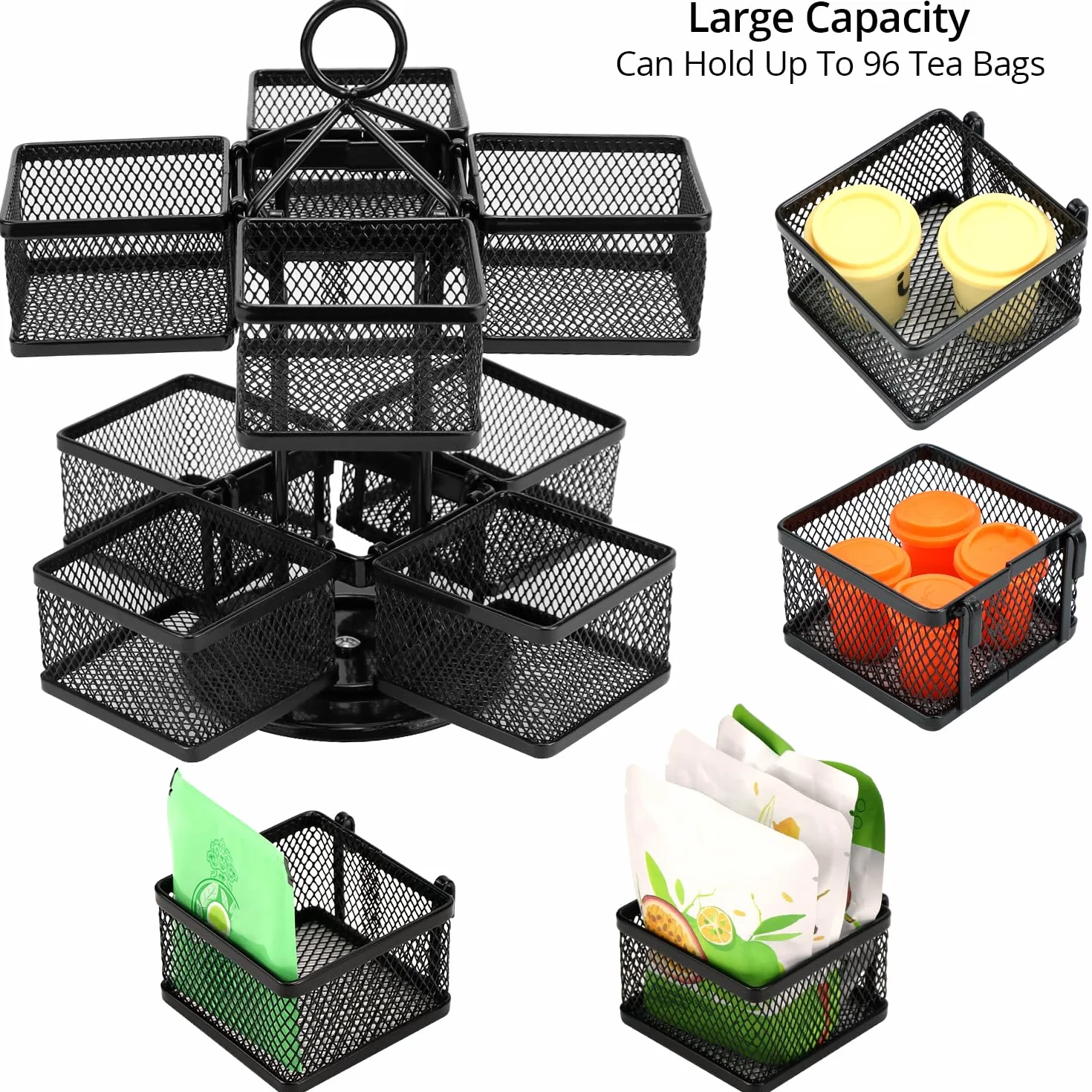 QWORK® Soporte metálico para bolsitas, caja de té giratoria para hasta 96 bolsitas de té