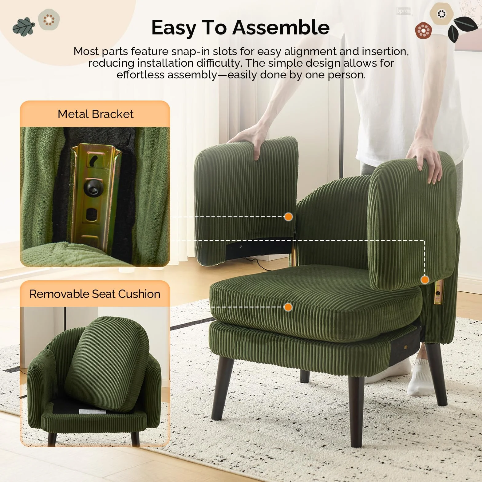 Bonnlo Butaca Tapizada de Pana Moderna, Sillón Individual de Lectura con Reposabrazos, Patas de Madera, Sillón Auxiliar para Salón y Dormitorio, Estilo Nórdico (Verde Oscuro)
