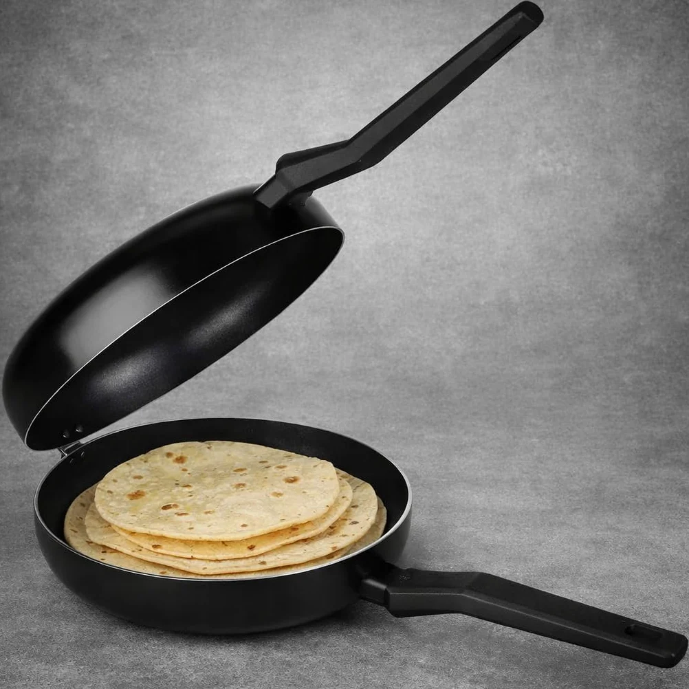 LS Kitchen - Doble Sartén Voltea Tortillas Volteo Fácil y Seguro - Sarten para Tortilla Patatas Jugosa - Sarten Doble para Tortillas - Vitro e Inducción - Diámetro 24 cm - Negra