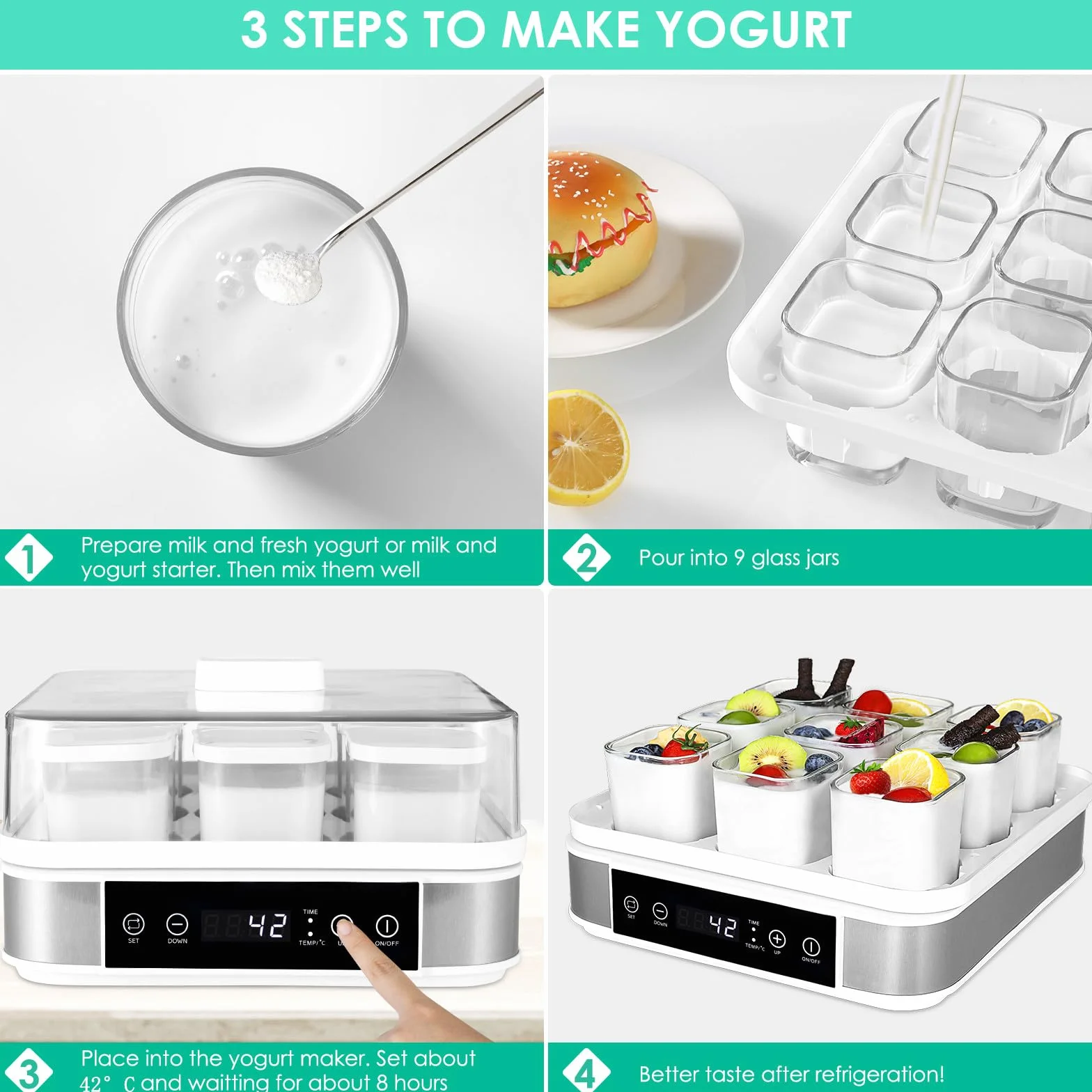 Yogurtera, Yogurtera Eléctrica, Maquina Para Hacer Yogur Casero, Yogurtera para Yogur, Queso Fresco y Queso Crema, con 9 Tarros de 170 ml con Tapa, con Temporizador, Termostato Ajustable, 40 W