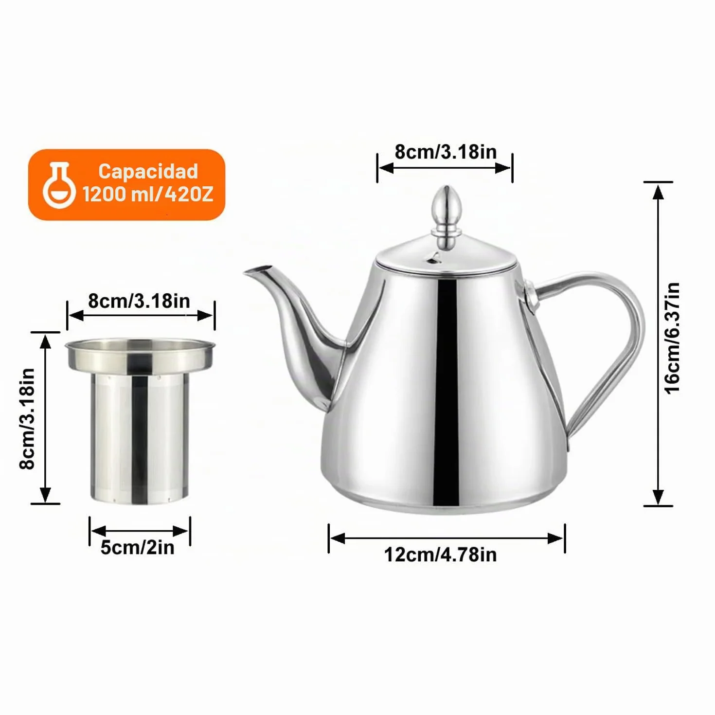SANQIAHOME 1,2 litros Tetera de acero inoxidable con Filtro para infusiones extraíble,Cafetera, De Plata