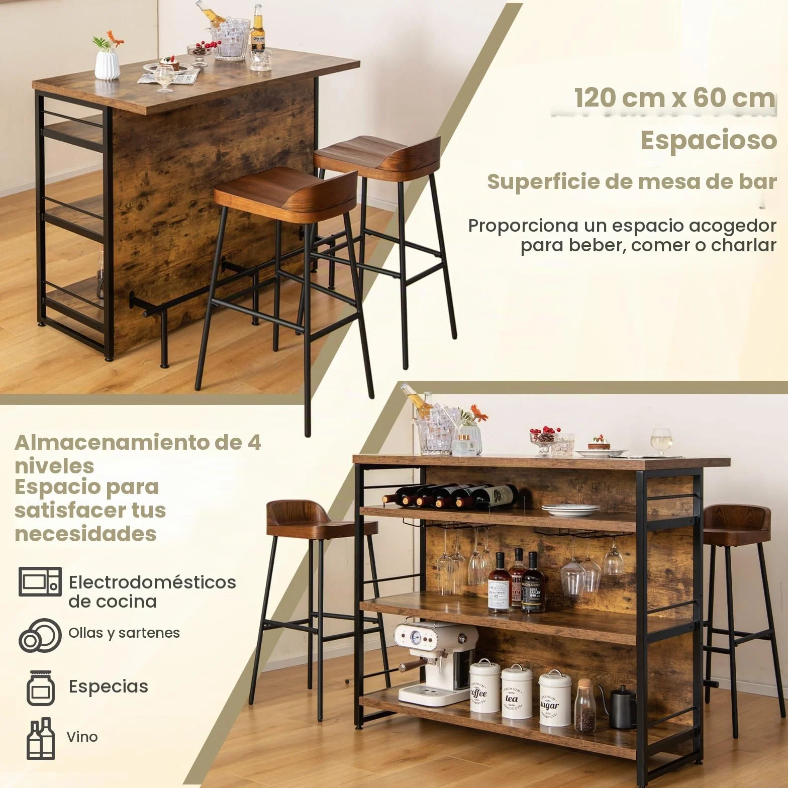 KOMFOTTEU Mesa Alta de Bar para Cocina, Mesa Barra de 4 Niveles con Botellero y Soporte para Cristal, Mueble de Comedor con Reposapiés, 120 x 60 x 101 cm (Industrial)