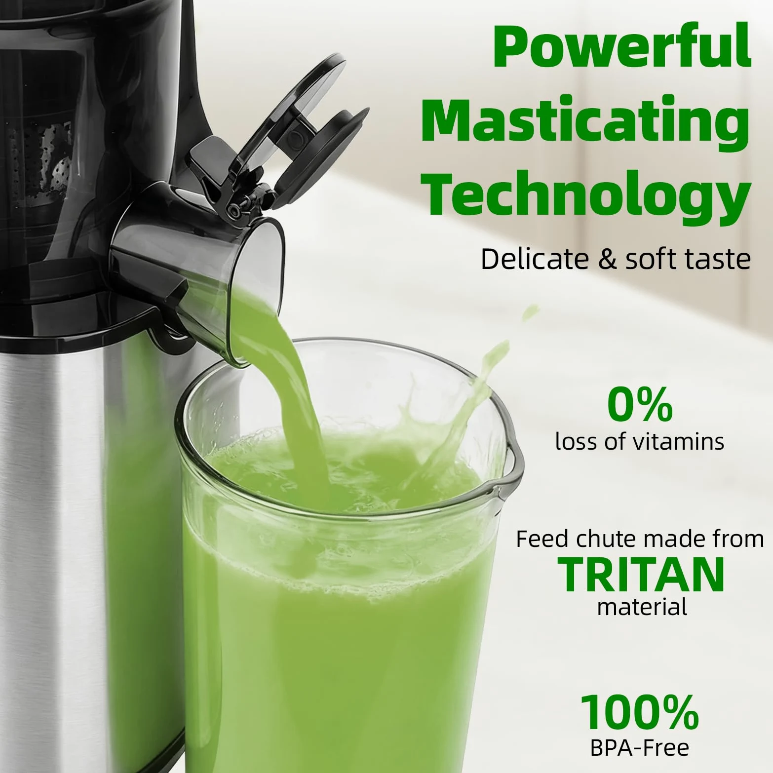Exprimidor de prensa en frío con canal de alimentación grande de 110 mm, máquinas exprimidoras masticables para frutas y verduras enteras, exprimidor lento de alimentación automática con bajo ruido