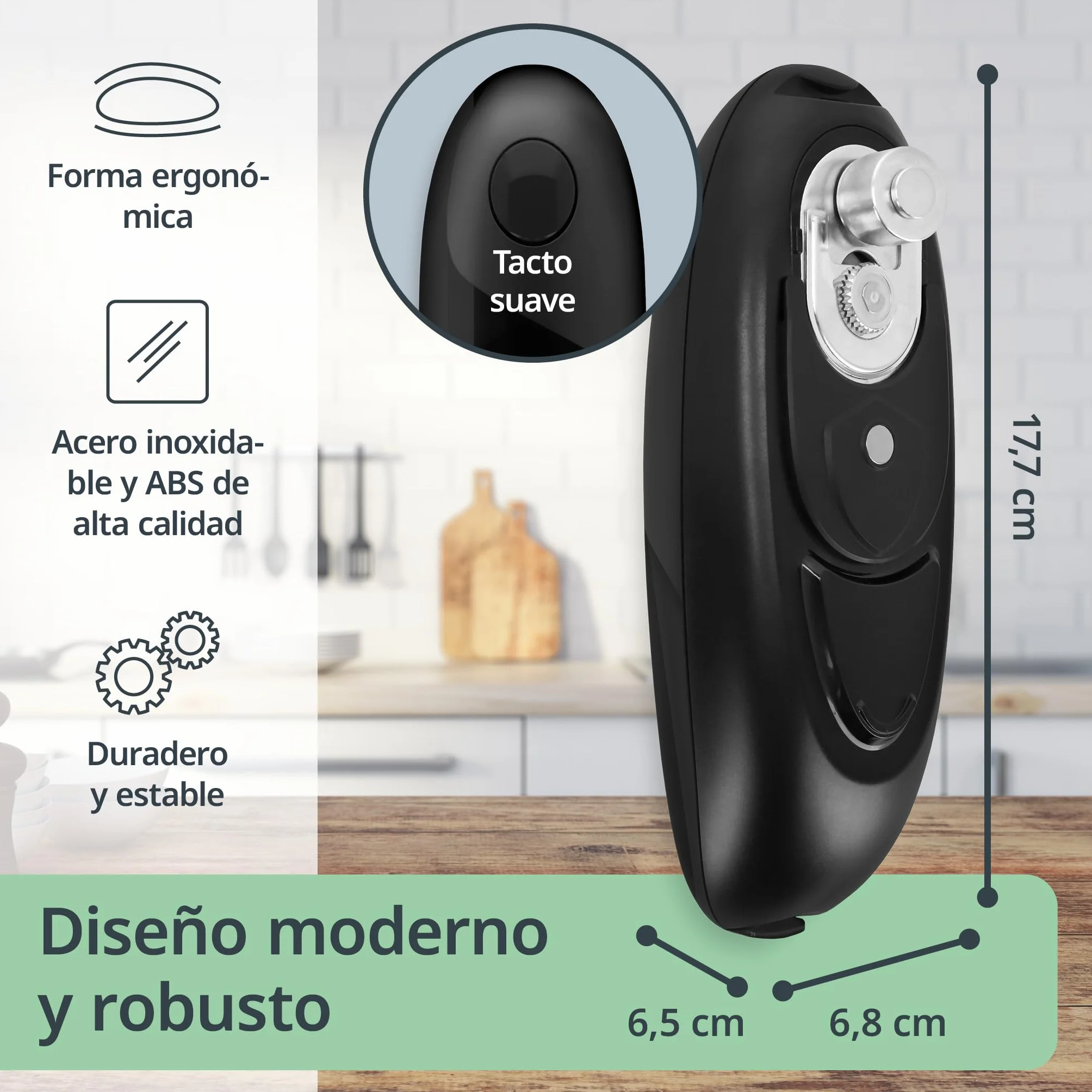 ADE Abrelatas eléctrico | abridor de botes sin esfuerzo | perfecto para personas mayores | práctico abridor de latas con imán y gancho | sin bordes afilados | pilas incluidas
