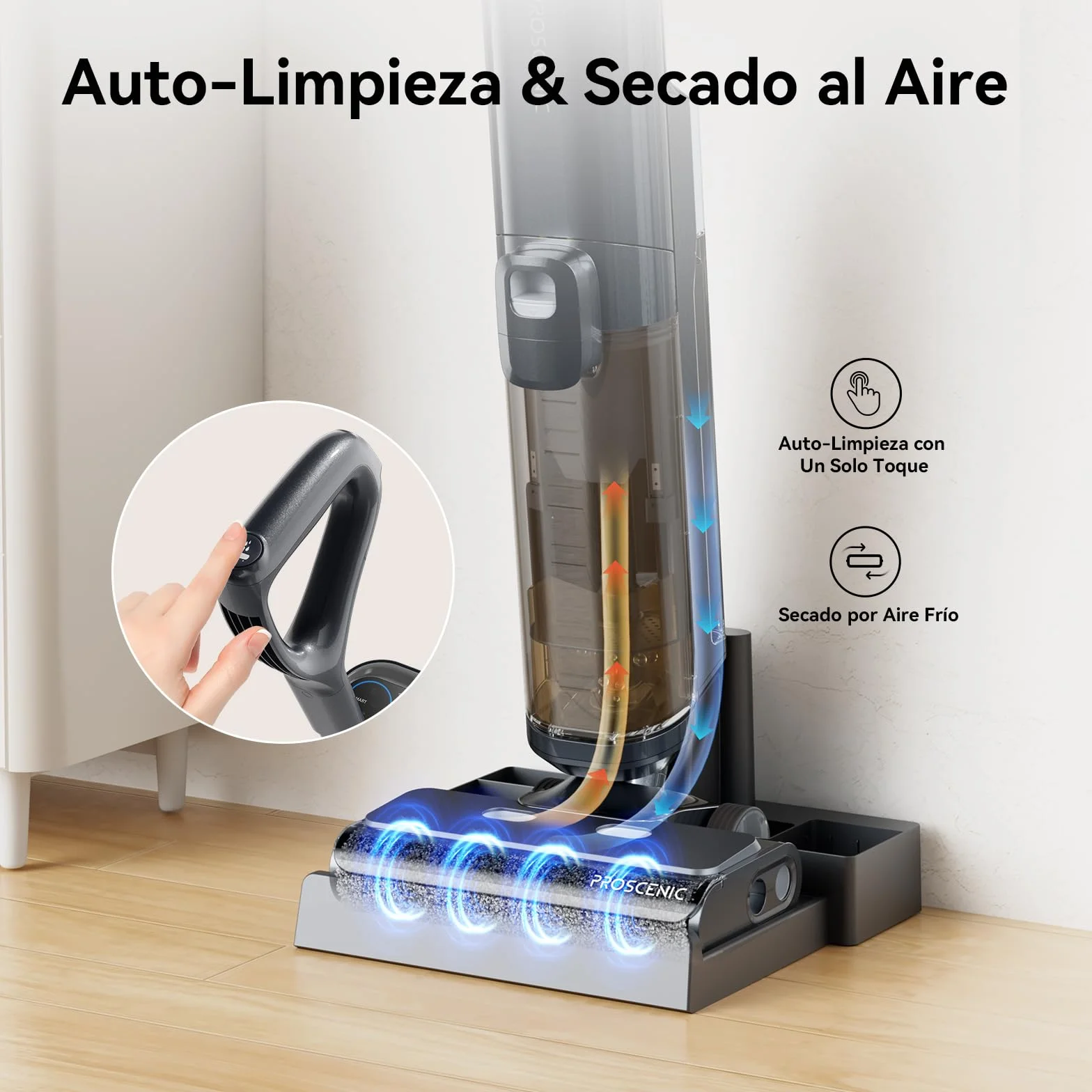 Proscenic F20A Aspirador Escoba sin Cables en Seco y Húmedo,35Min, 2L Tanque Agua, Limpieza de Bordes, Autolimpieza, Secado por Aire Frío, LED Pantalla, Suelos Duros y Pelo de Mascotas