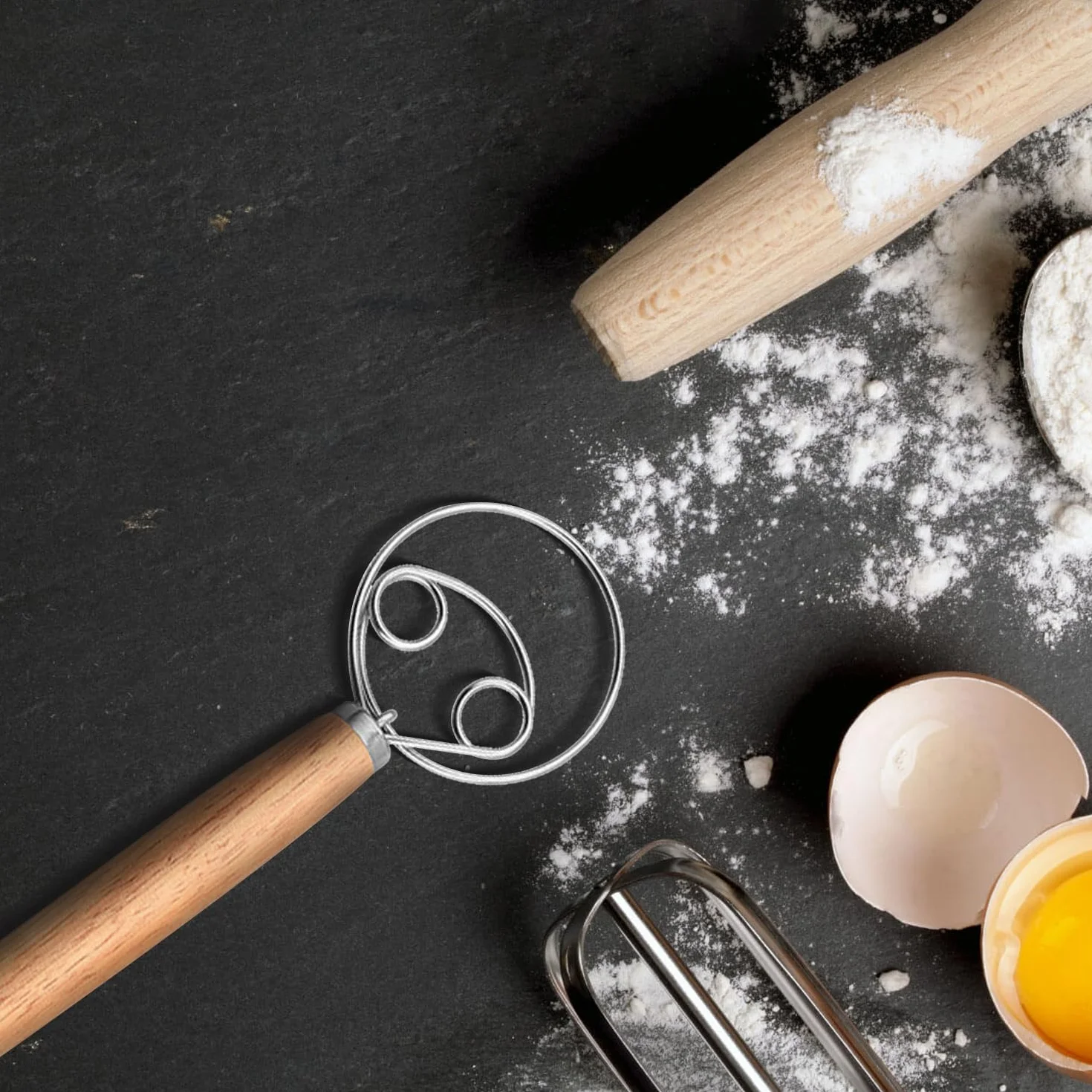 Batidor de masa danés y holandés, alambre de acero inoxidable 304, para batir huevos y masa danesa con mango de madera, para hacer pasteles de pan