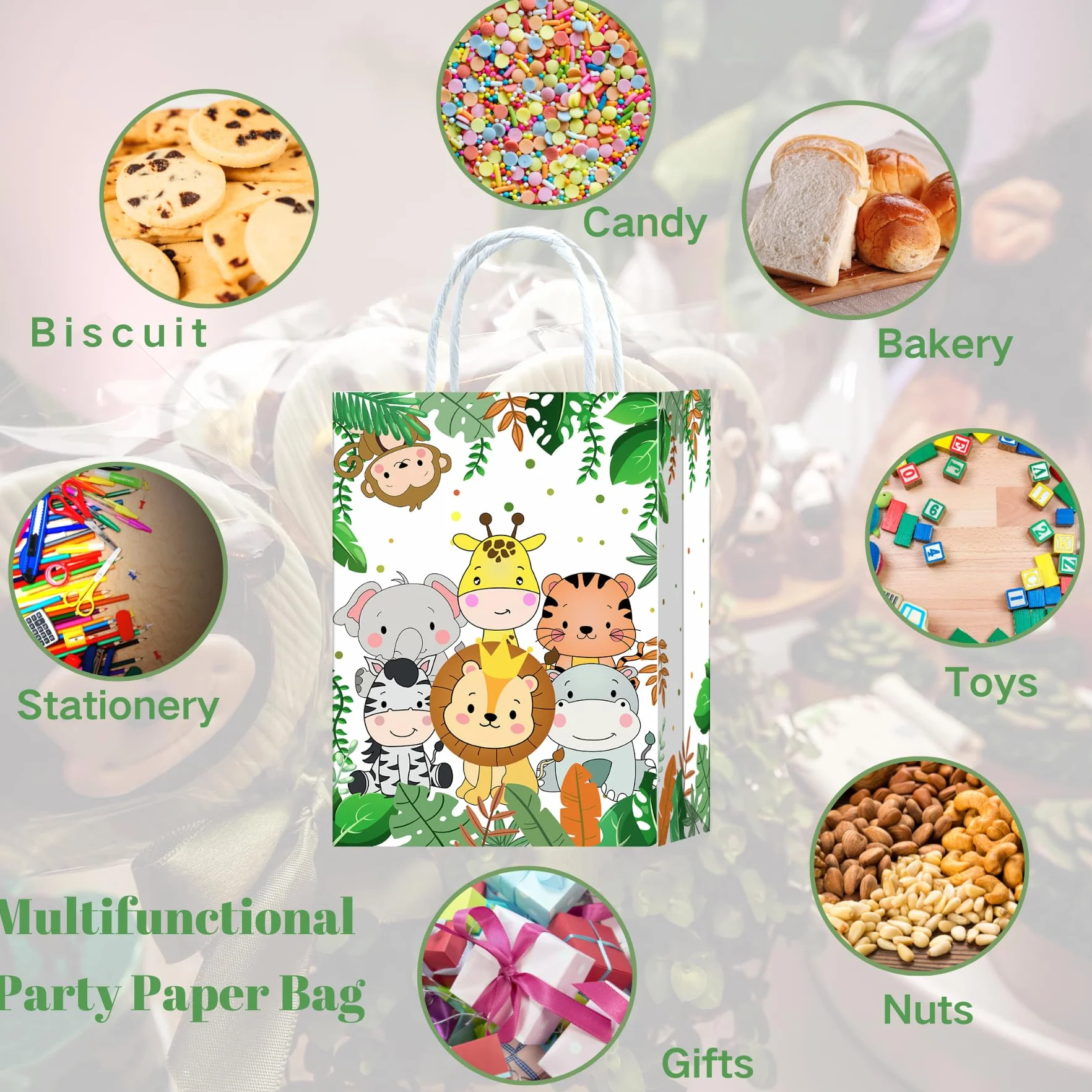 10 bolsas para fiestas Jungle Safari, bolsas de regalo Jungle Safari, bolsas de papel con asas, bolsas de regalo de cumpleaños con animales, bolsas de regalo de papel con animales