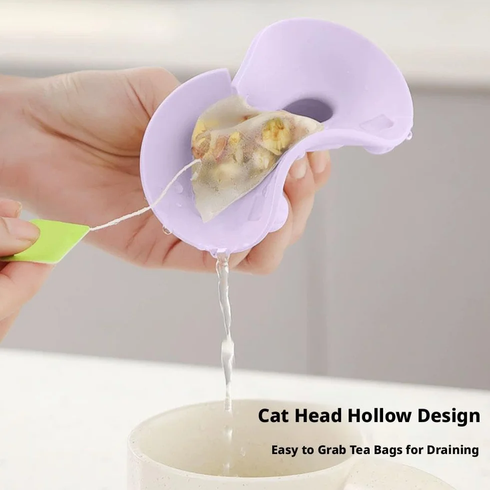 2 tapas para tazas de té, 2 tapas de silicona con diseño de gato, 4 en silicona, soporte para bolsas de té y exprimidor con soporte para taza de té, tapa para lavavajillas, para té de leche de café