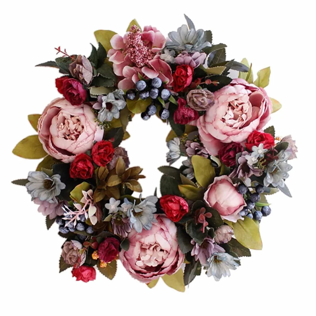 Corona Floral Floroom, Corona de peonía Artificial de 13.78 Pulgadas, simulación Colgante, Coronas Decorativas de Primavera, decoración para Puerta, Ventana, hogar, Oficina