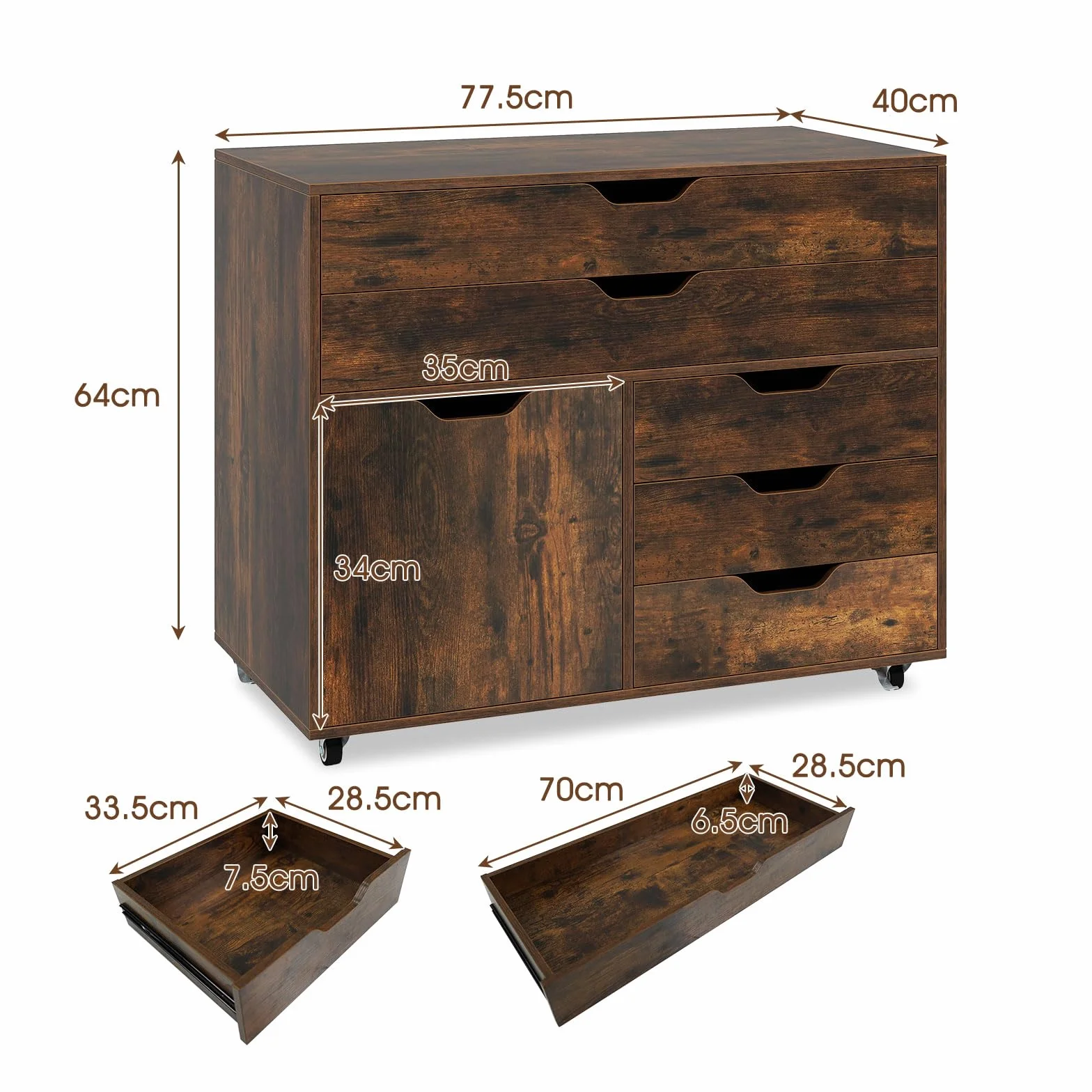 KOMFOTTEU Archivador Móvil con 5 Ruedas, Soporte para Impresora con 5 Cajones en 2 Tamaños y Armario con Puerta, Mueble de Almacenaje para Oficina, Cajonera Escritorio, 77,5 x 40 x 64 cm (Marrón)