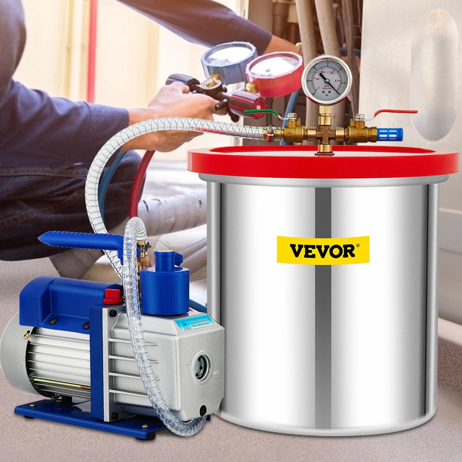 VEVOR Cámara de vacío Bomba giratoria una Sola Etapa Kit Herramientas Aire estabilización Madera desgasificación siliconas epoxis