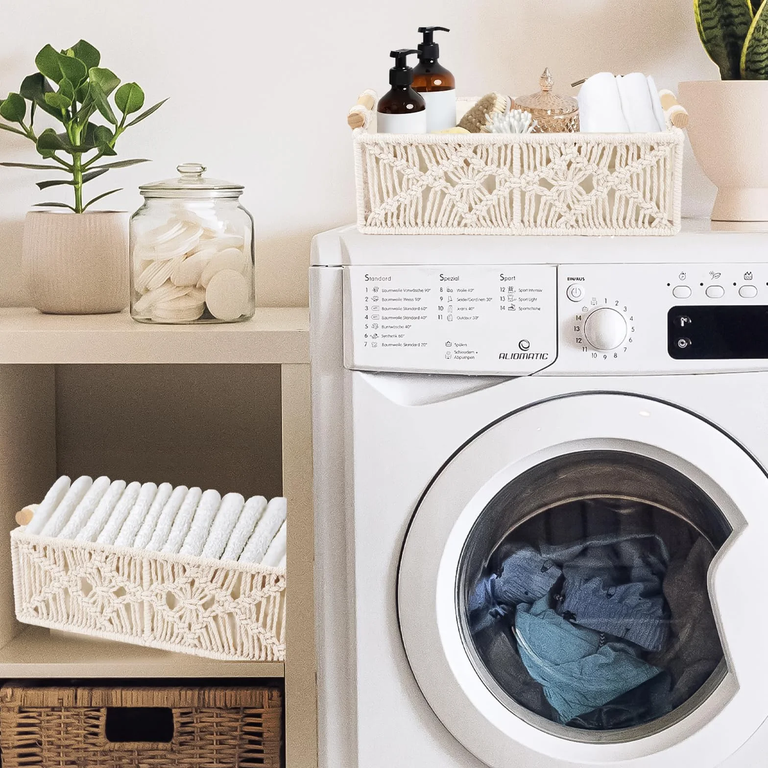 Cestas de Almacenamiento de Macramé Hechas a Mano, Decoración Bohemia, Caja Tejida con Asa, Cesta Trenzada para Baño, Dormitorio, Salón (Blanco Algodón)