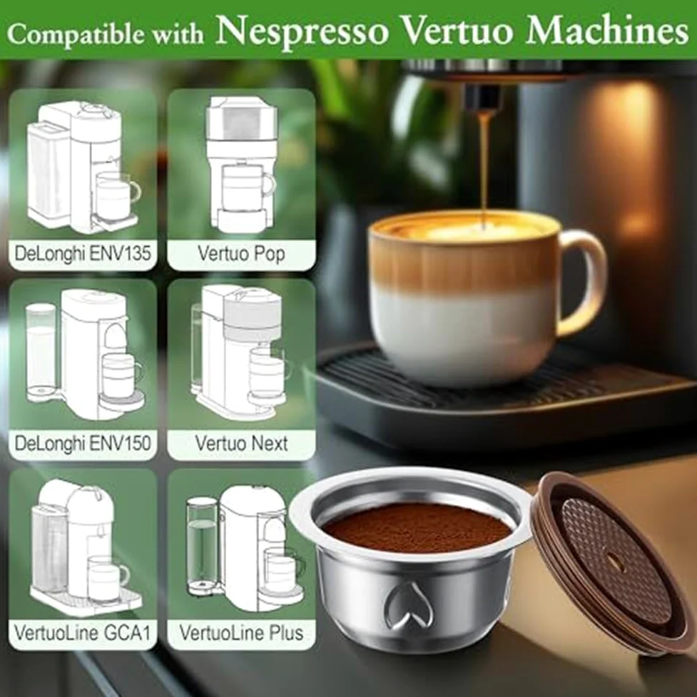 Cápsulas de café reutilizables de acero inoxidable, juego de filtros recargables con tapa y cepillo de cuchara, carcasa de metal respetuosa con el medio ambiente para preparar la cocina en