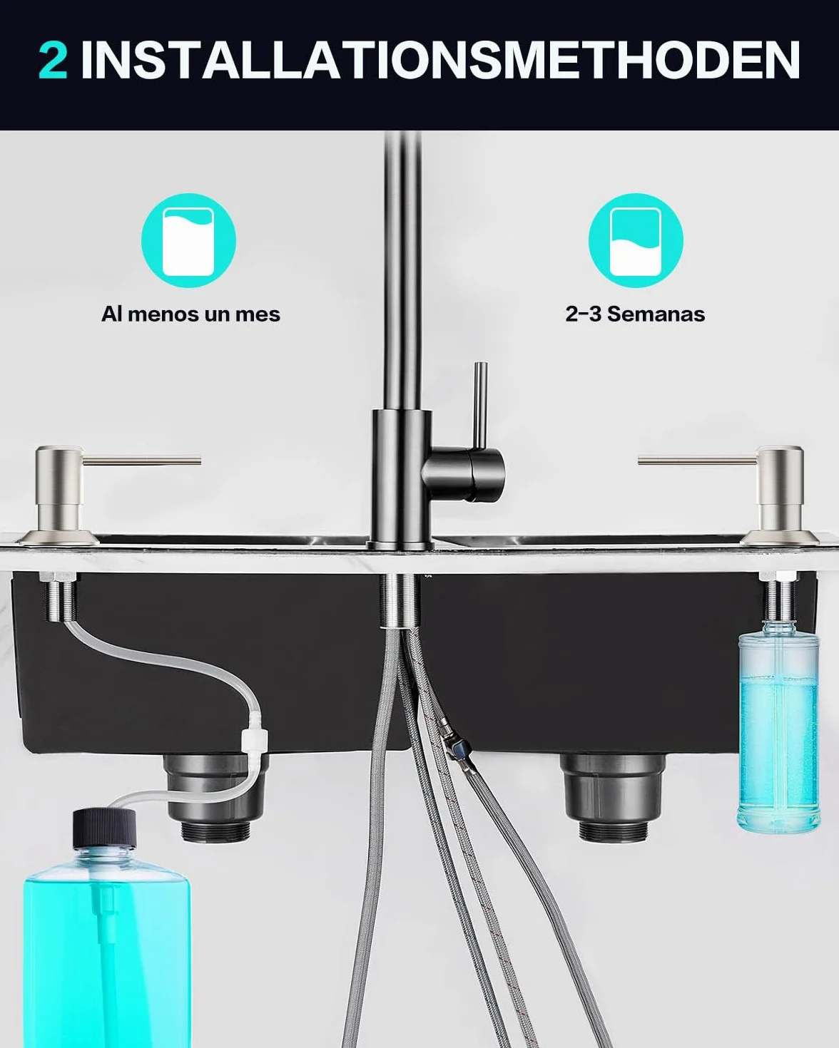 Dispensador Jabon Cocina Bajo Encimera, Dosificador para Fregadero | Dispensador de Detergente con Botella de 300ml y Manguera de 1,2 M, Dispensador Líquido Cobre, Tuerca Metal, Cepillado Plata