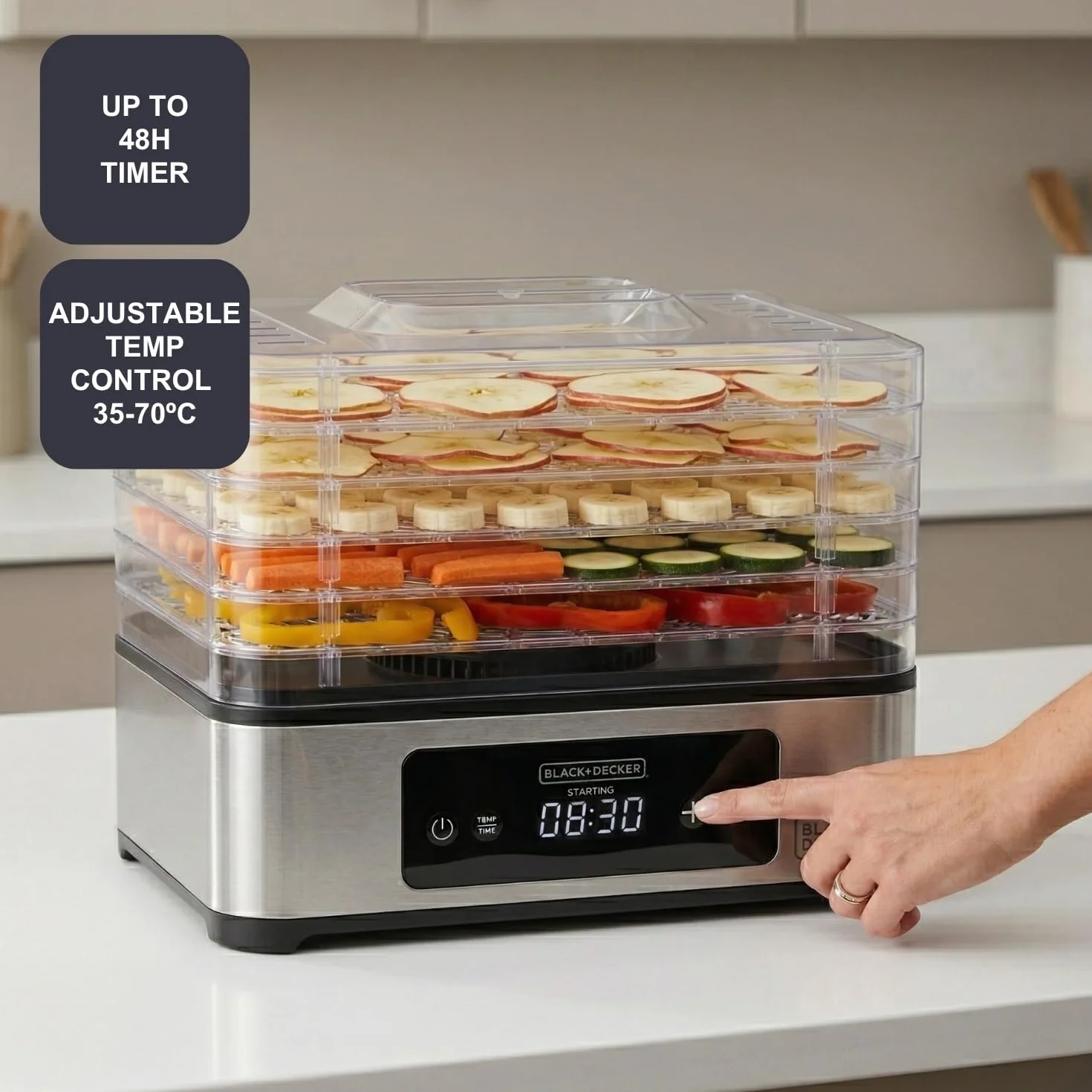 BLACK+DECKER - Deshidratador de Alimentos 400W, 5 Bandejas, Digital, 48h
