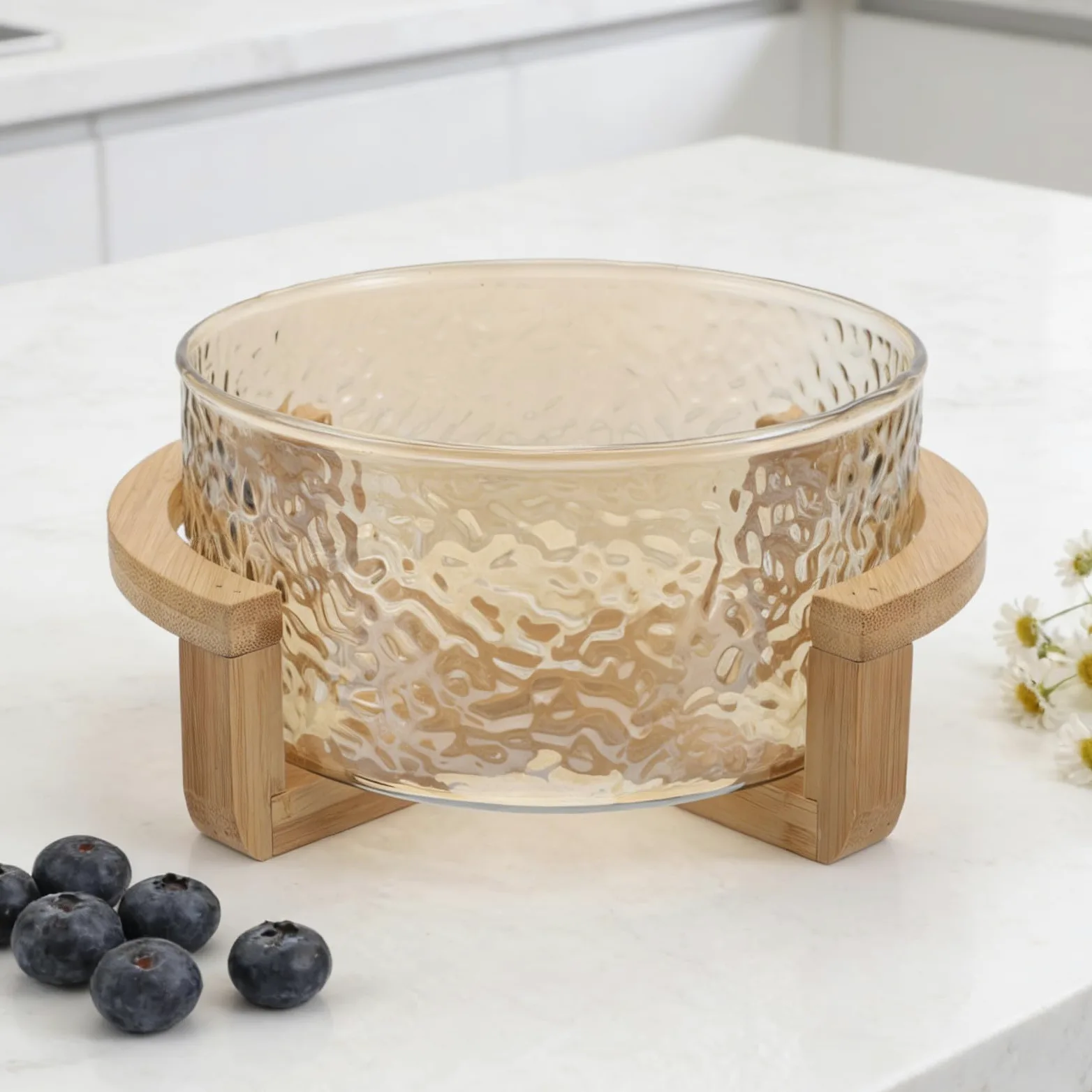 Bol de Ensalada de Vidrio con Efecto de Ondas de Agua y Soporte Seguro de Bambú Dorado, Elegante y Funcional para Uso Diario y Fiestas, Tamaño 21x17.5x10cm