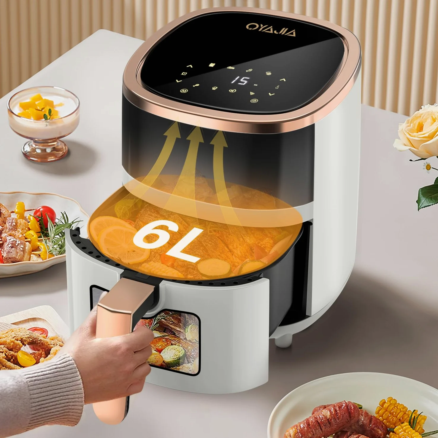 Freidora de aire caliente, 6 L, con 8 programas, tecnología de aire caliente, pantalla táctil, ventana de visualización, apta para lavavajillas, freidora sin aceite, digital, asar, hornear, asar