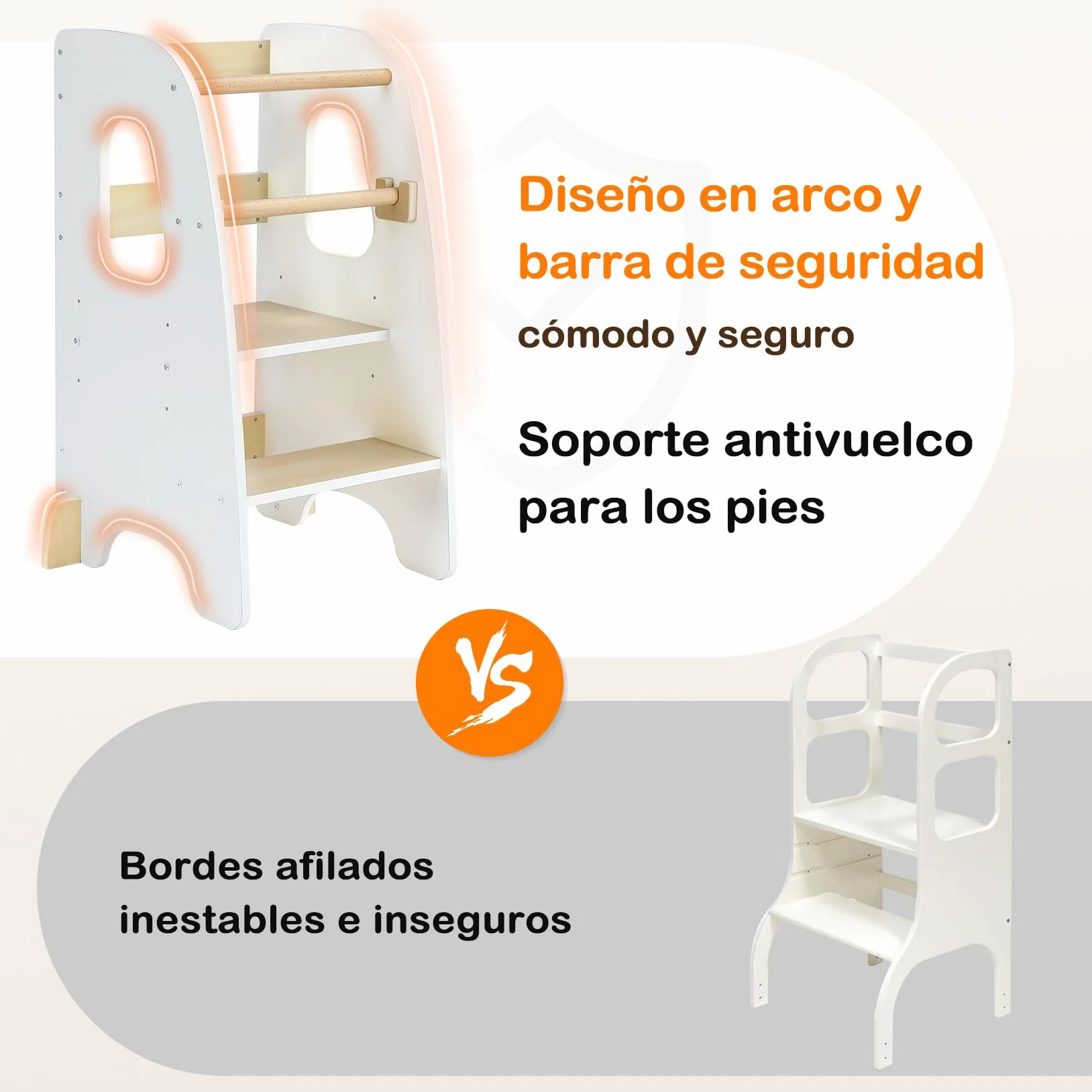 Ezebaby Torre de Aprendizaje Montessori Madera Altura Ajustable con Barandilla de Seguridad para Niños 1-6 Años Blanco