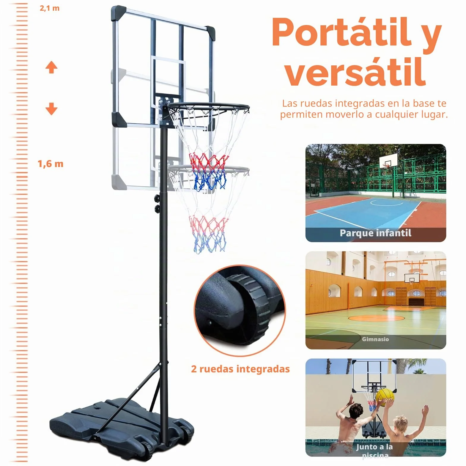 HIONRE Canasta de baloncesto portátil 7 pies tablero trasero transparente altura ajustable 165-213cm negro