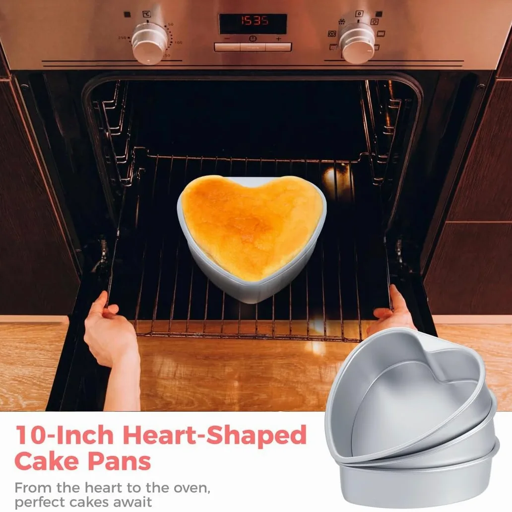 Paquete de 3 moldes para tartas en forma de corazón, moldes para hornear de 10 pulgadas con parte inferior extraíble, aleación de aluminio antiadherente, perfectos para bodas, cumpleaños y día de San