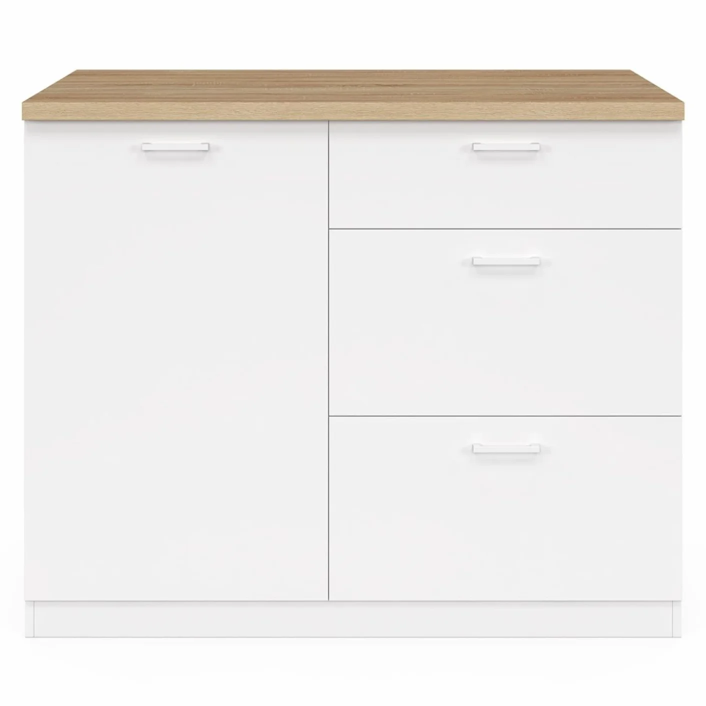 IDMarket - Isla central TIBO 110 cm de extensión frontal con 3 cajones de madera blanca con encimera de haya