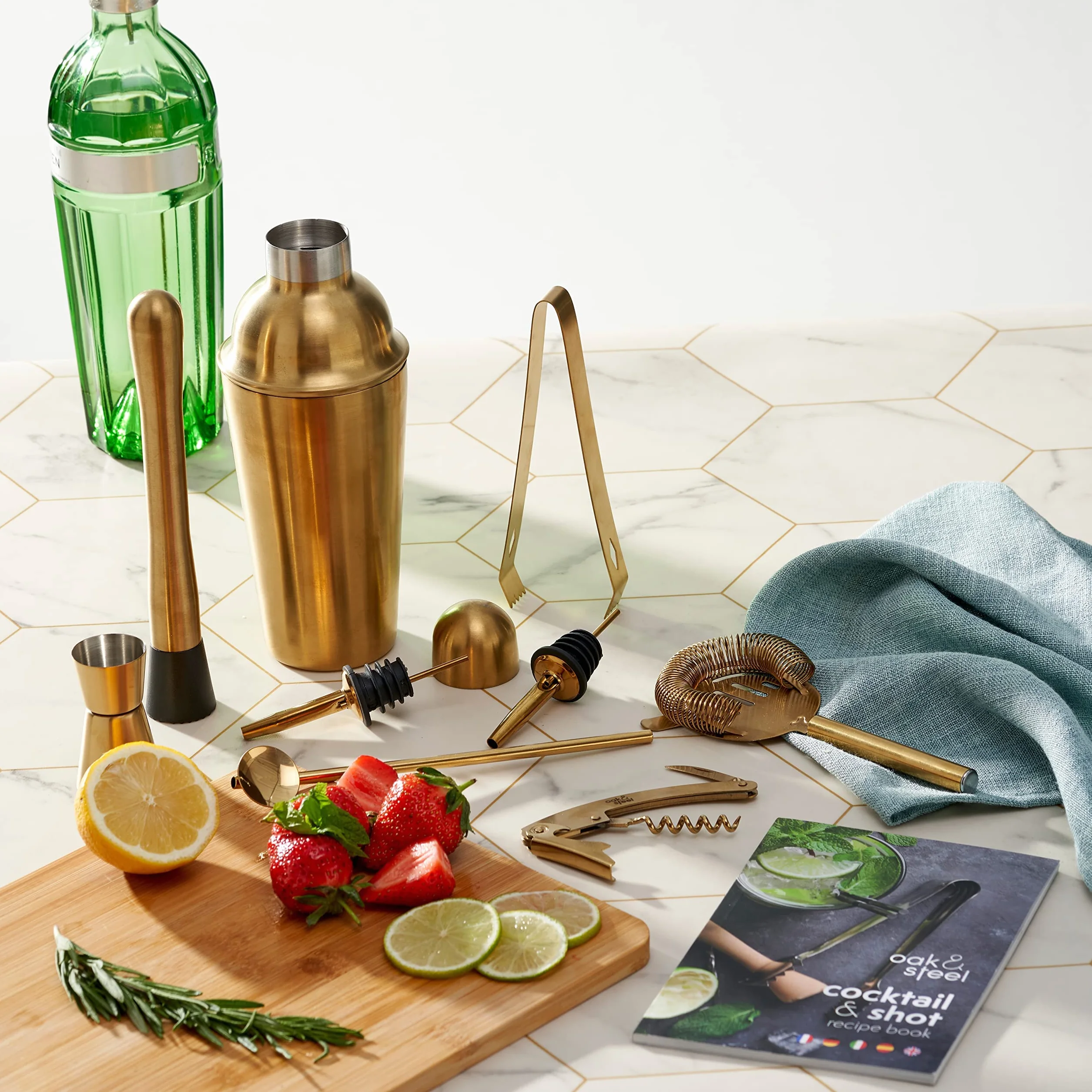 10 Piezas Kit de Coctelería Dorado - Juego Completo de Regalo Bar con Coctelera de Acero Inoxidable, Vertedor y Mezclador- Set de Regalo para Entusiastas y Cantineros Profesionales